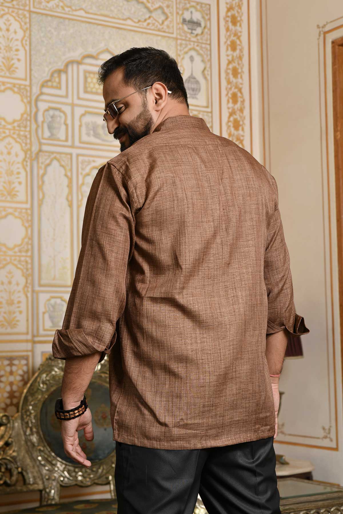Earthen Craft - Brown Khadi blend Heritage inspired Cuban Collar Shirt