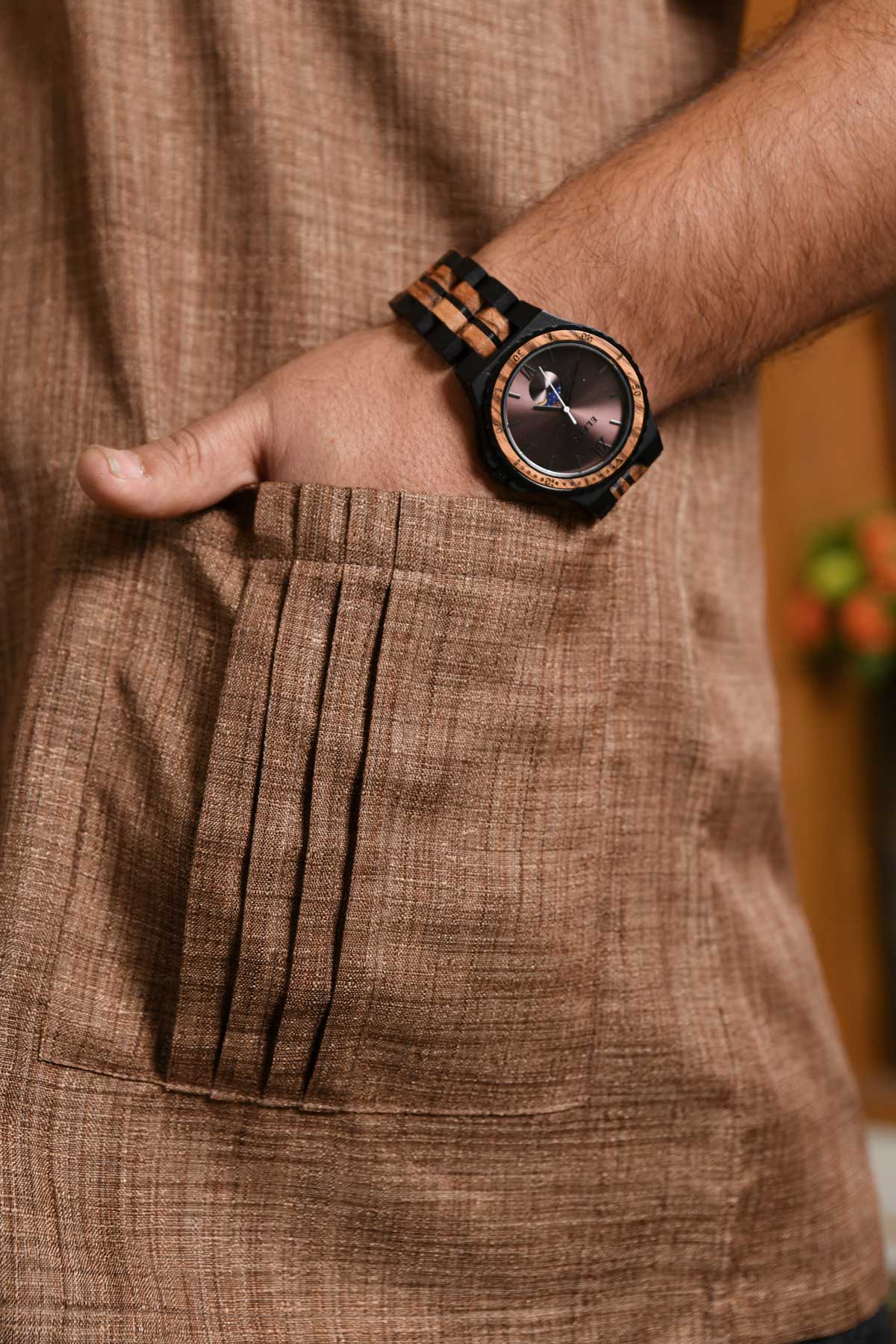 Earthen Craft - Brown Khadi blend Heritage inspired Cuban Collar Shirt