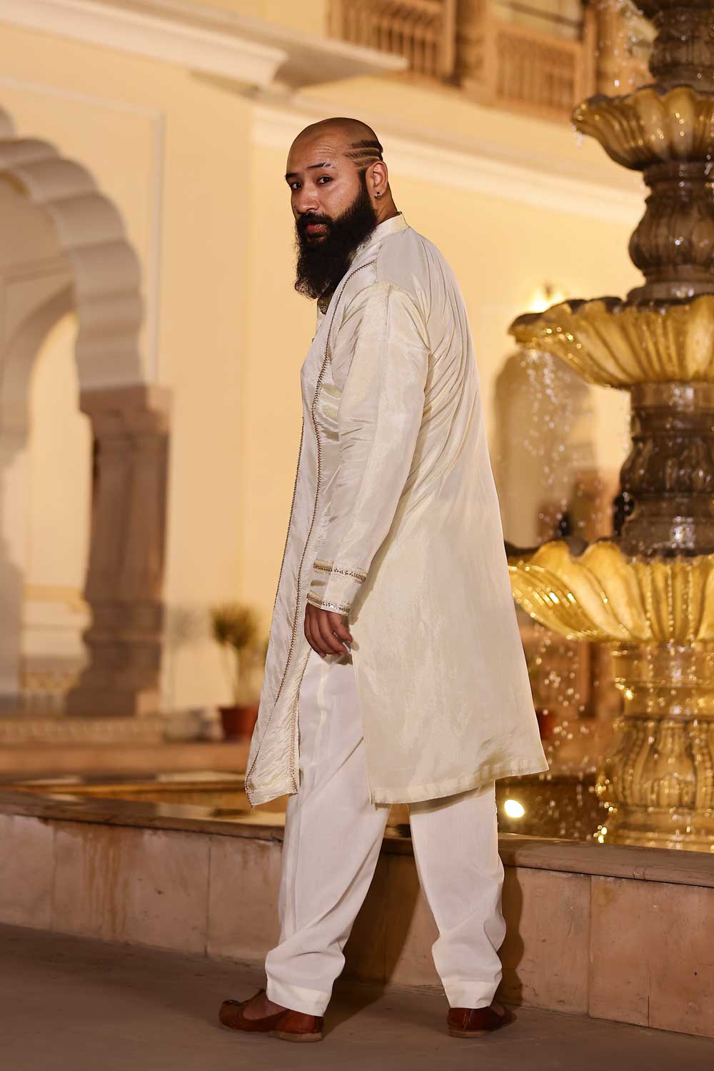 MANMOHANA - OFF-WHITE & GOLD CUTDANA EMBROIDERED PURE TISSUE SILK KURTA