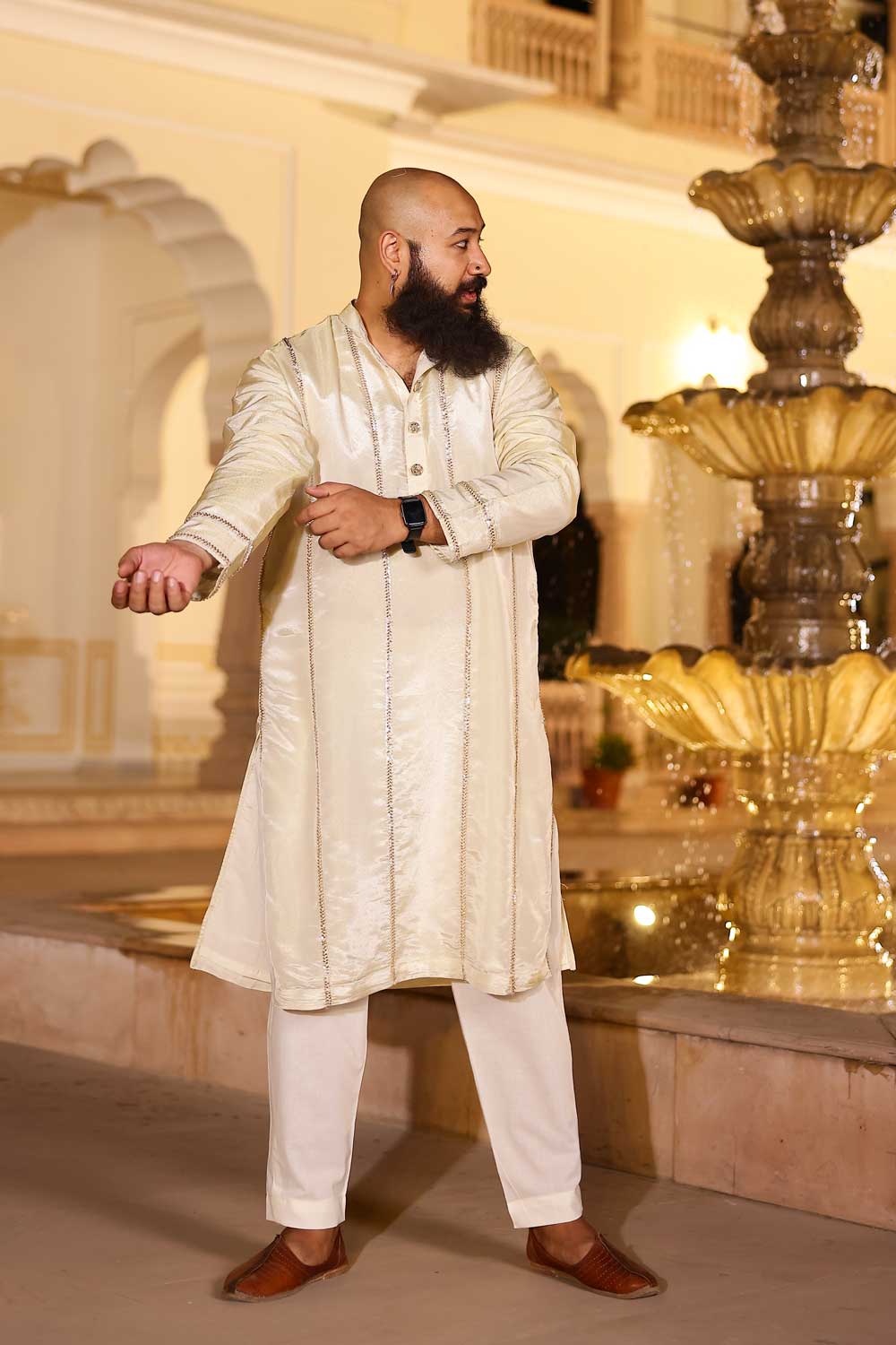 MANMOHANA - OFF-WHITE & GOLD CUTDANA EMBROIDERED PURE TISSUE SILK KURTA