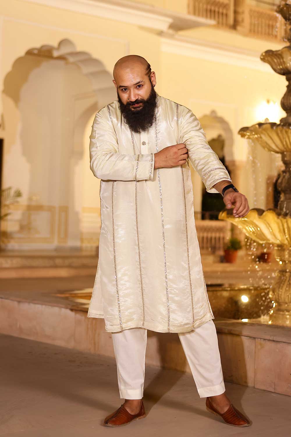 MANMOHANA - OFF-WHITE & GOLD CUTDANA EMBROIDERED PURE TISSUE SILK KURTA