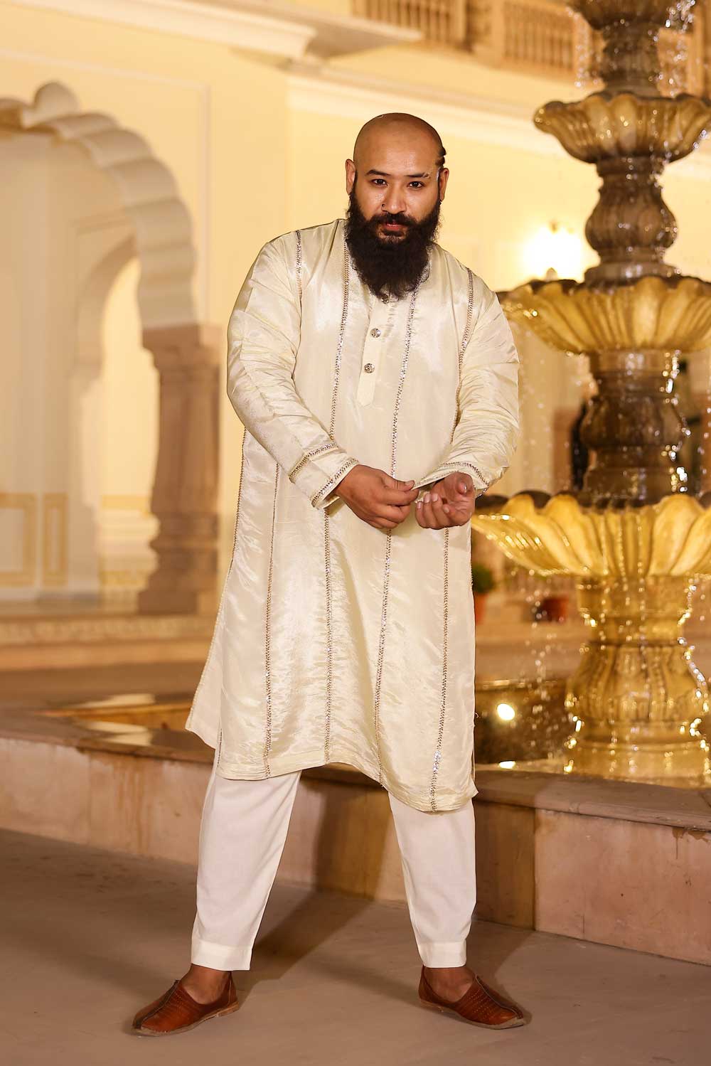 MANMOHANA - OFF-WHITE & GOLD CUTDANA EMBROIDERED PURE TISSUE SILK KURTA