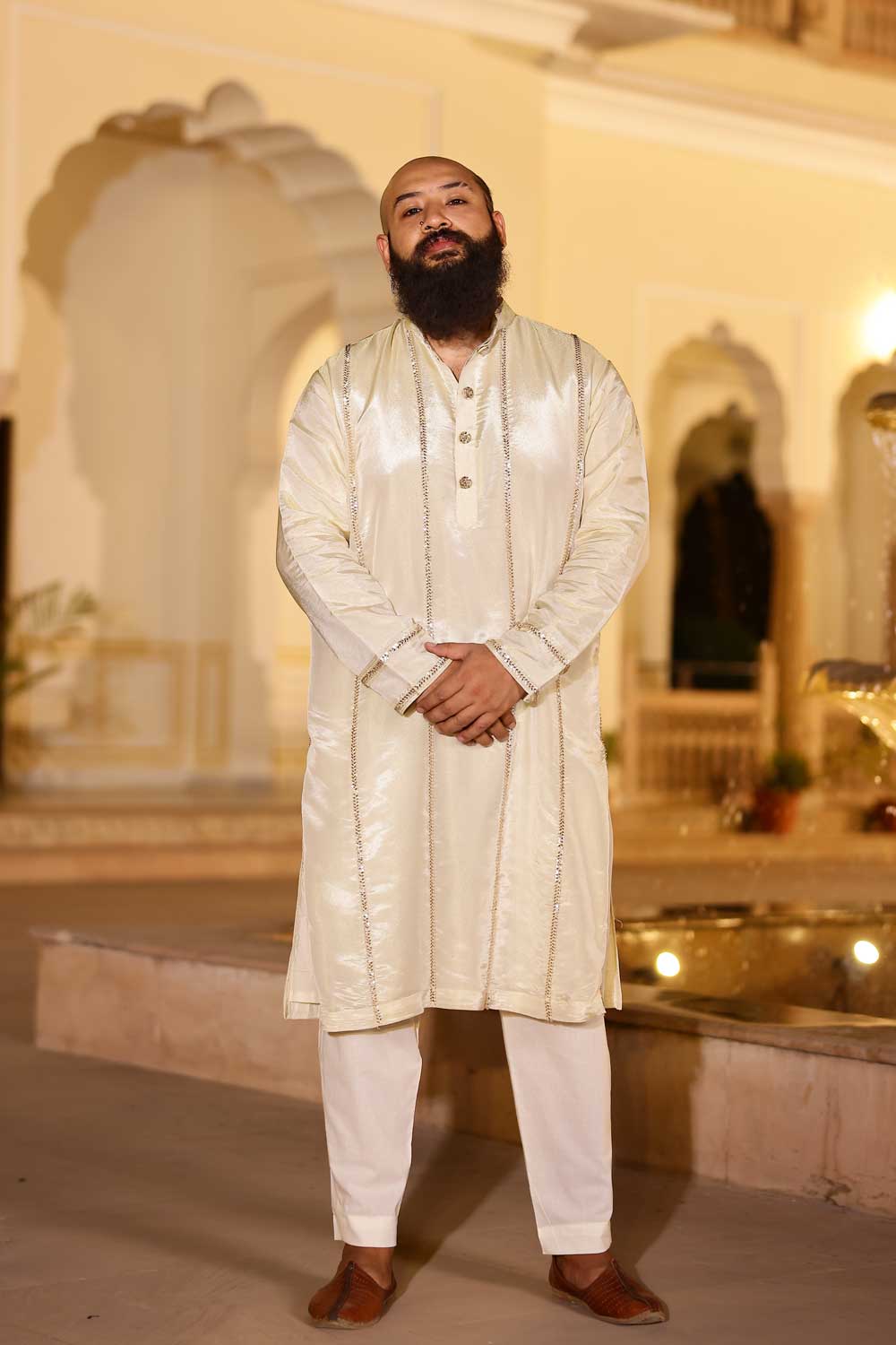 MANMOHANA - OFF-WHITE & GOLD CUTDANA EMBROIDERED PURE TISSUE SILK KURTA