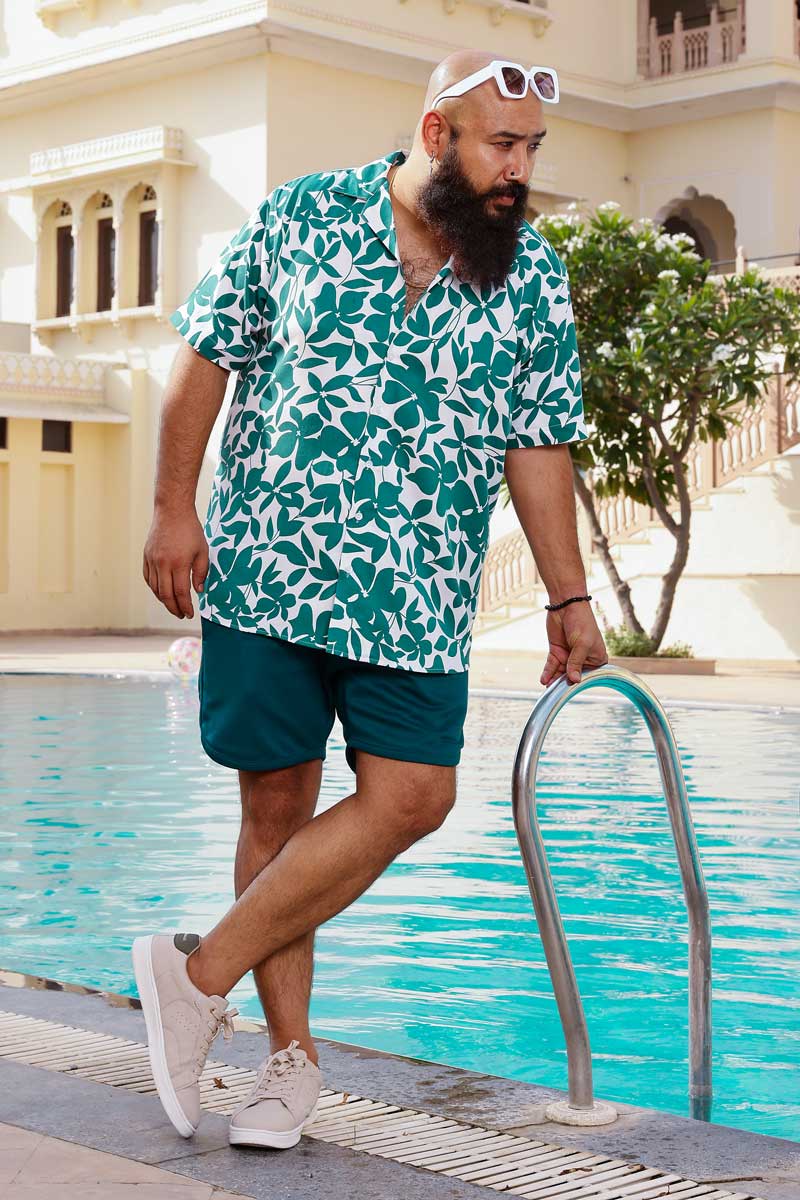 Verdant Vibes - Moss Green and white Tropical Printed Cuban Collar Shirt