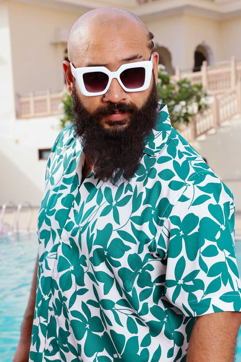 Verdant Vibes - Moss Green and white Tropical Printed Cuban Collar Shirt