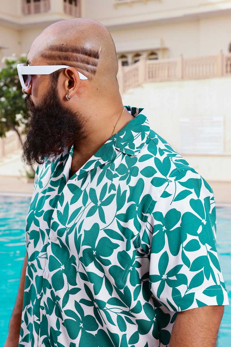 Verdant Vibes - Moss Green and white Tropical Printed Cuban Collar Shirt