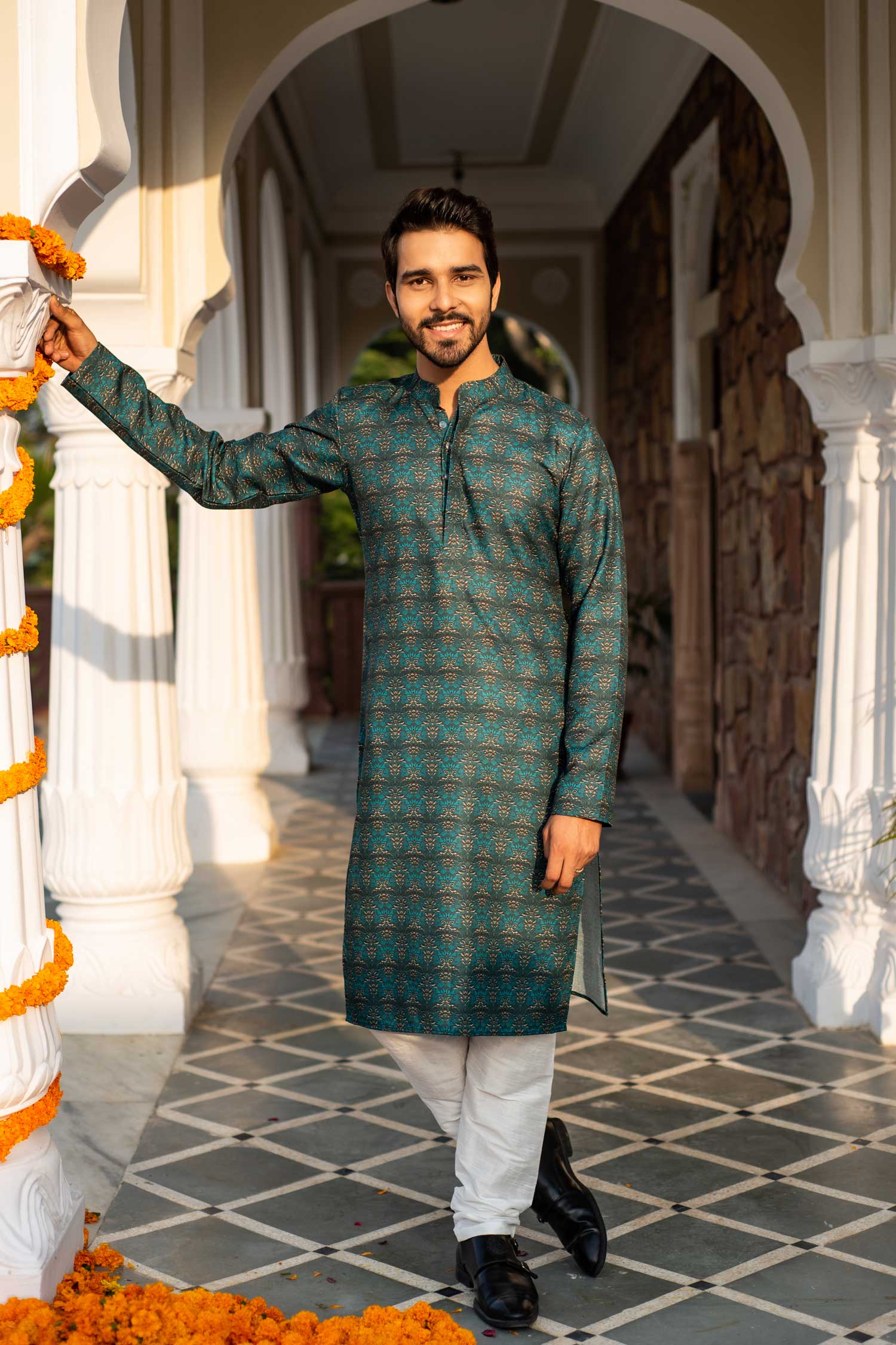 Sunhera Bageecha- Green and Gold Printed Silk Blend Kurta