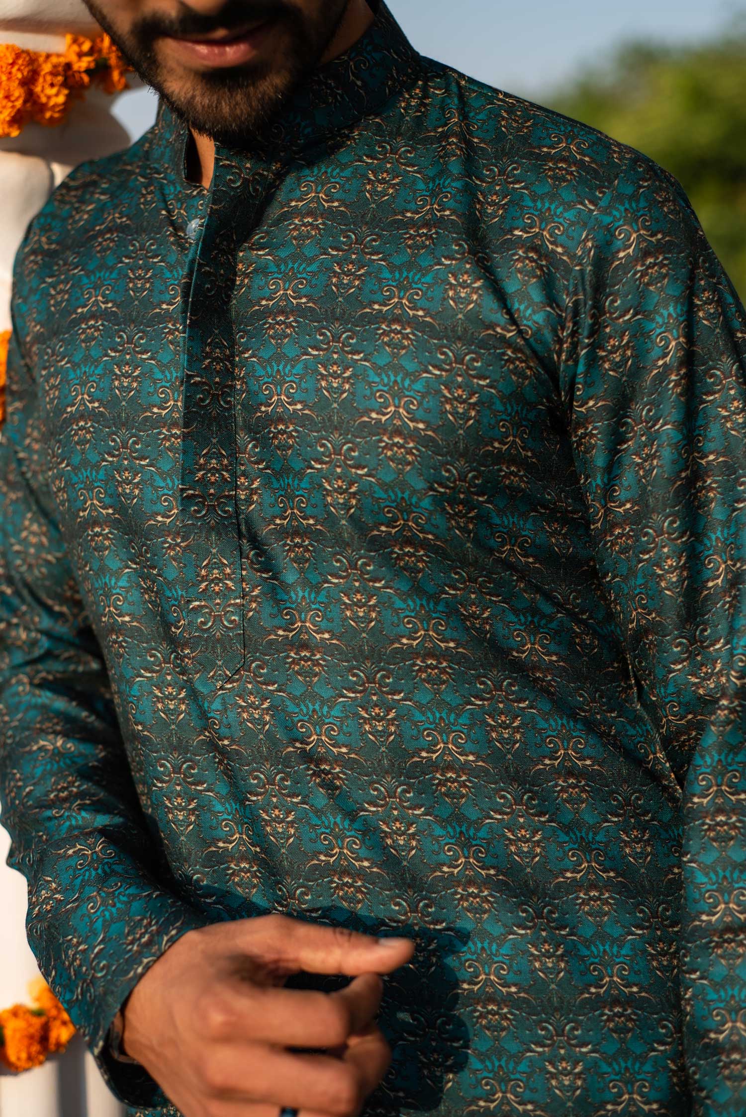 Sunhera Bageecha- Green and Gold Printed Silk Blend Kurta