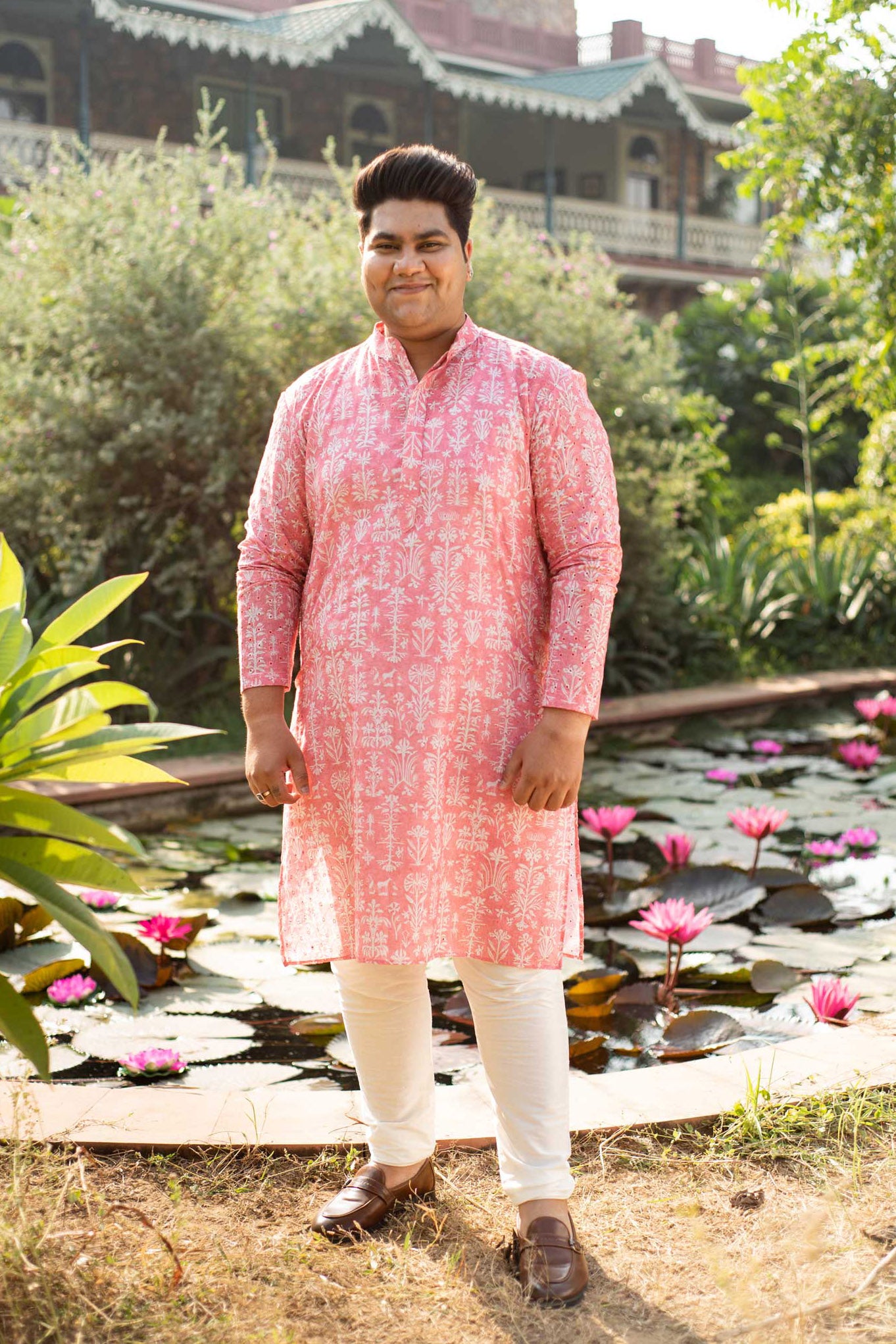 Carnation - Pink Floral Schiffli embroidered kurta