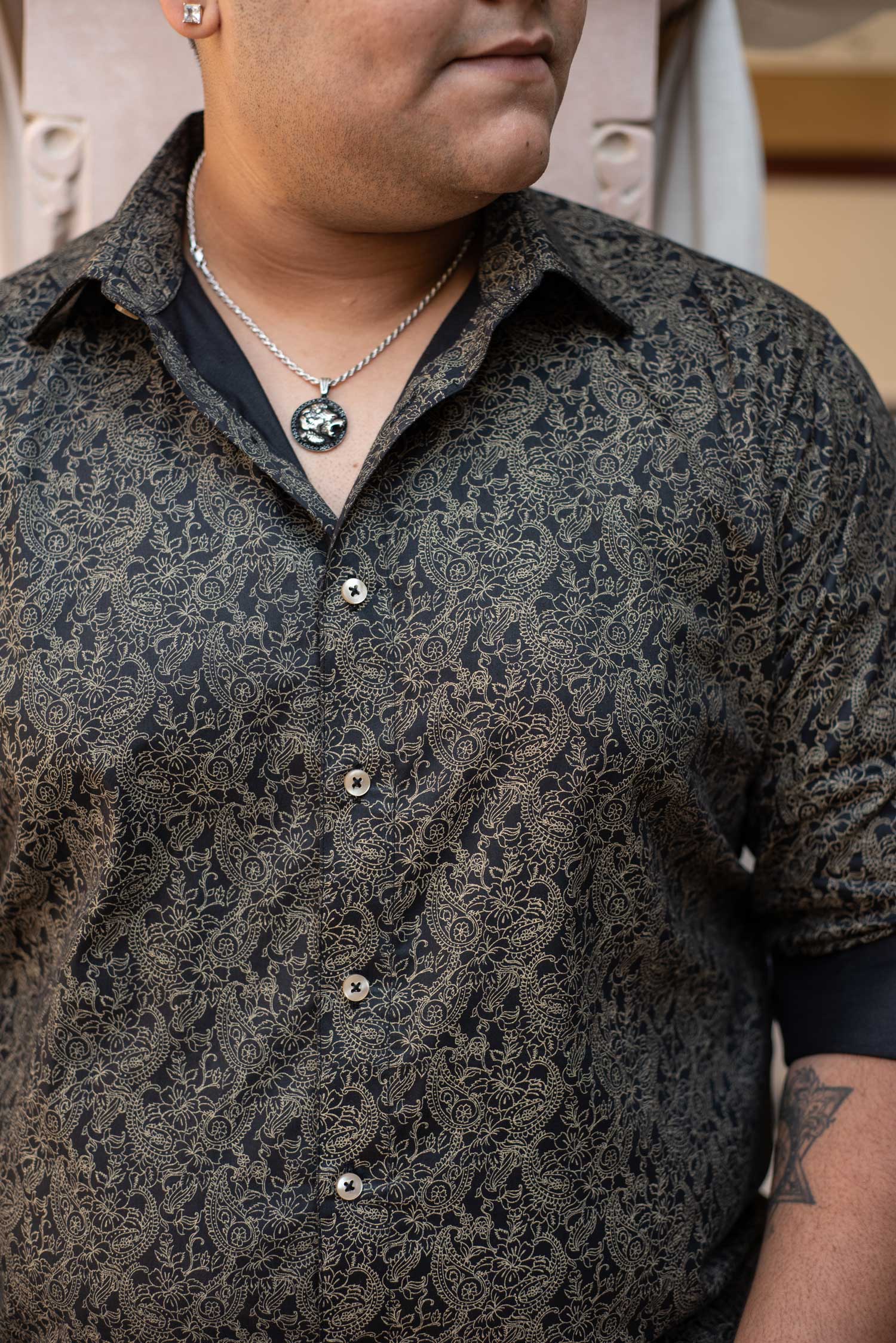 Raven Gardenia - Black and Beige Printed Giza Cotton Shirt (Plus Size)