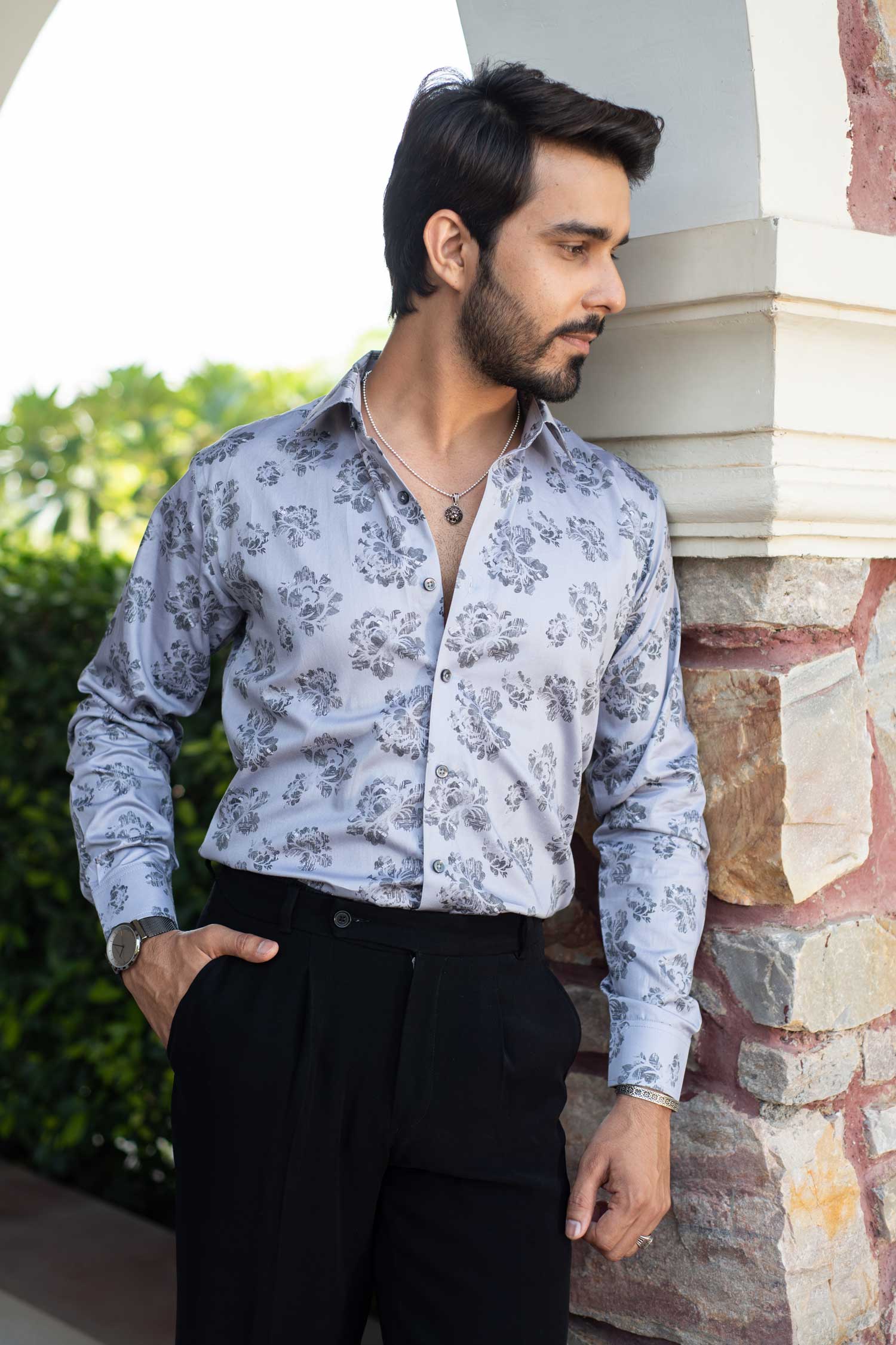 Grey Petunia - Grey Floral Printed Giza Cotton Shirt