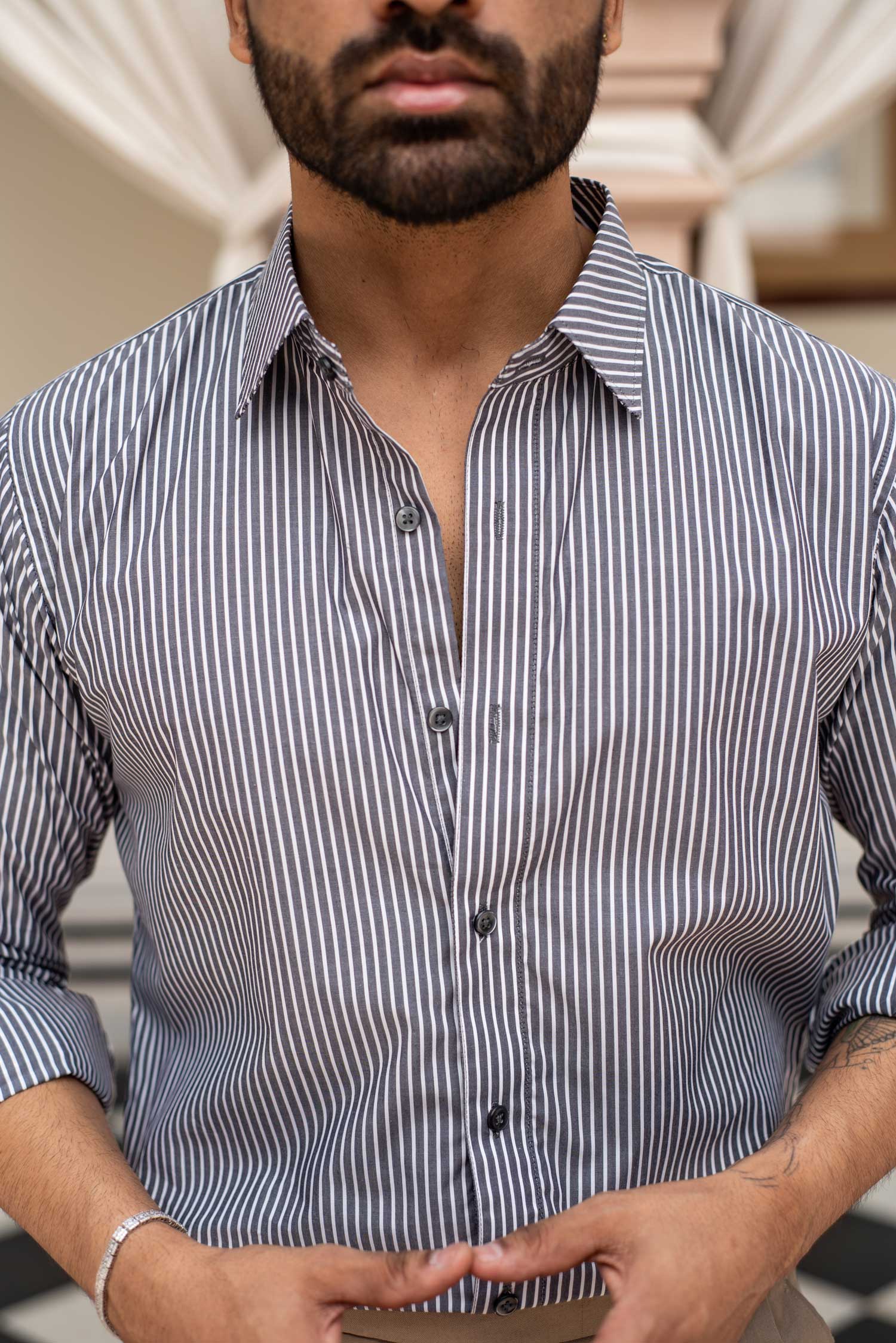 Barcove - White on Grey Striped Superfine Giza Cotton Shirt