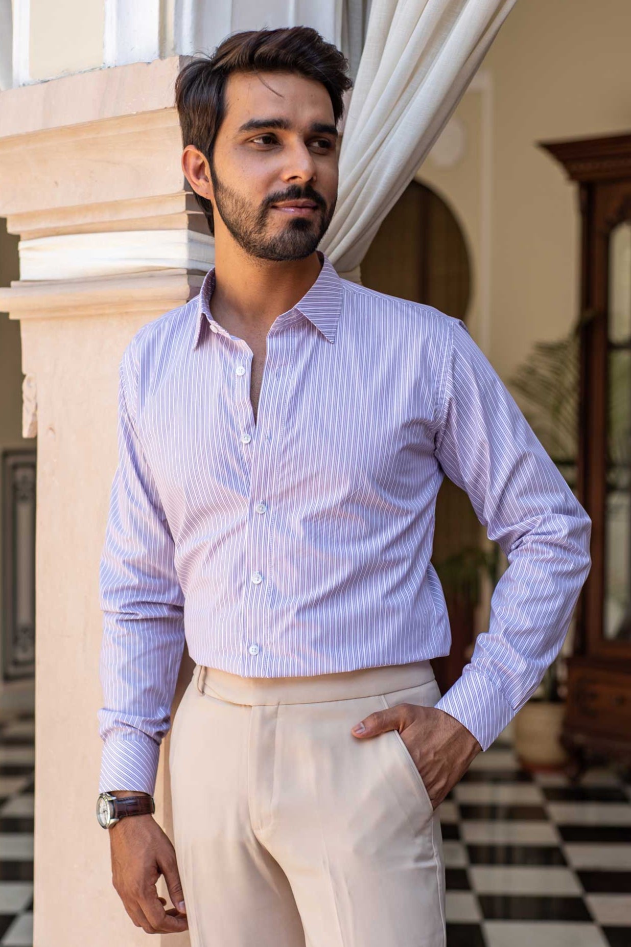 Valencia - White Tripe Lilac Striped Poplin Giza Cotton Shirt