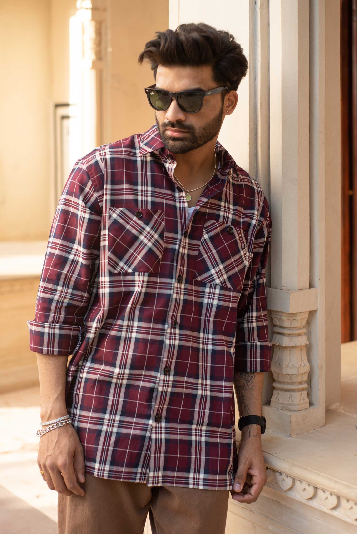 Bordeaux Checkmate- Maroon and Navy Checkered Oversized Overshirt