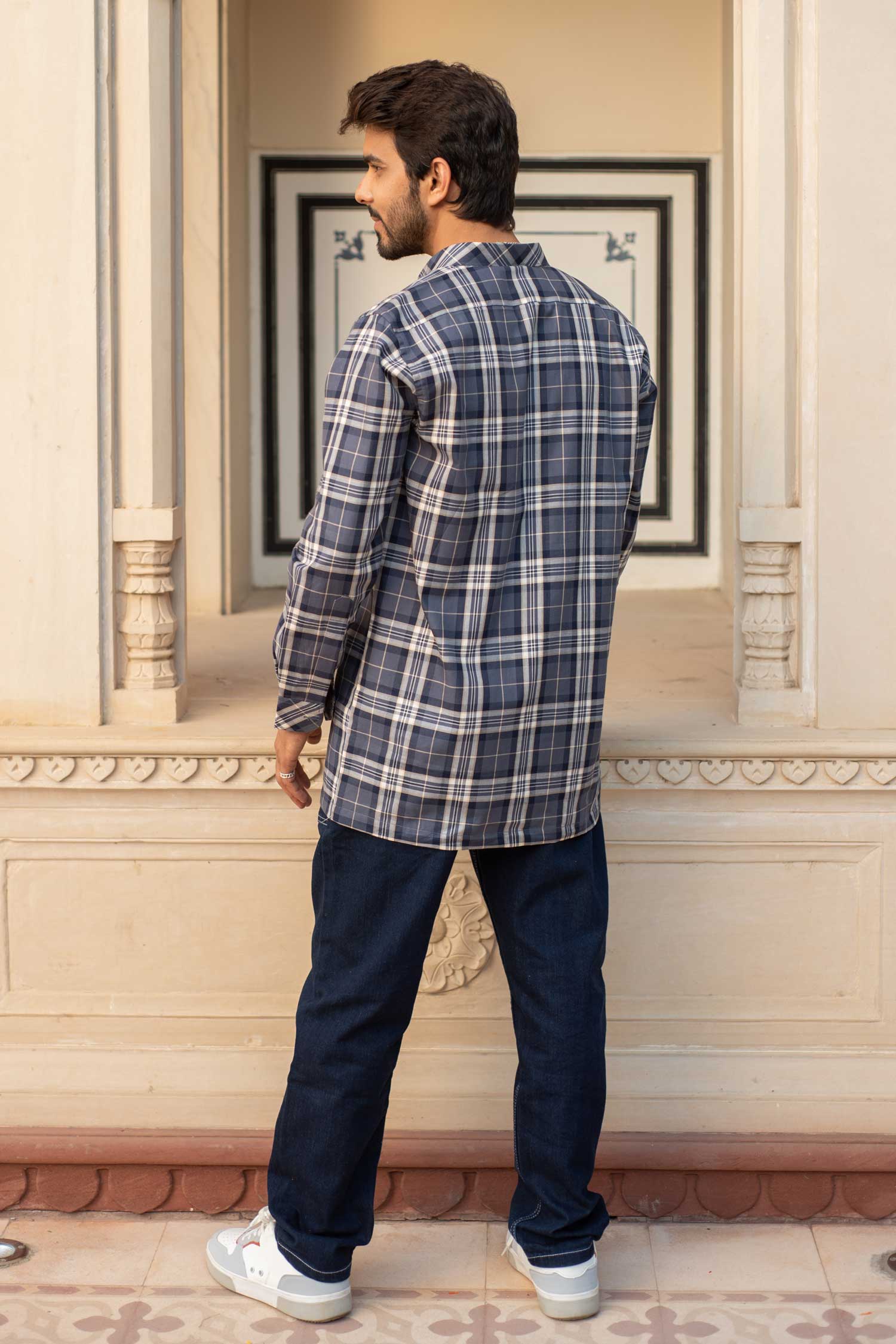 Slategrey Checkmate-Grey and Blue Checkered Oversized Overshirt (100%Cotton)