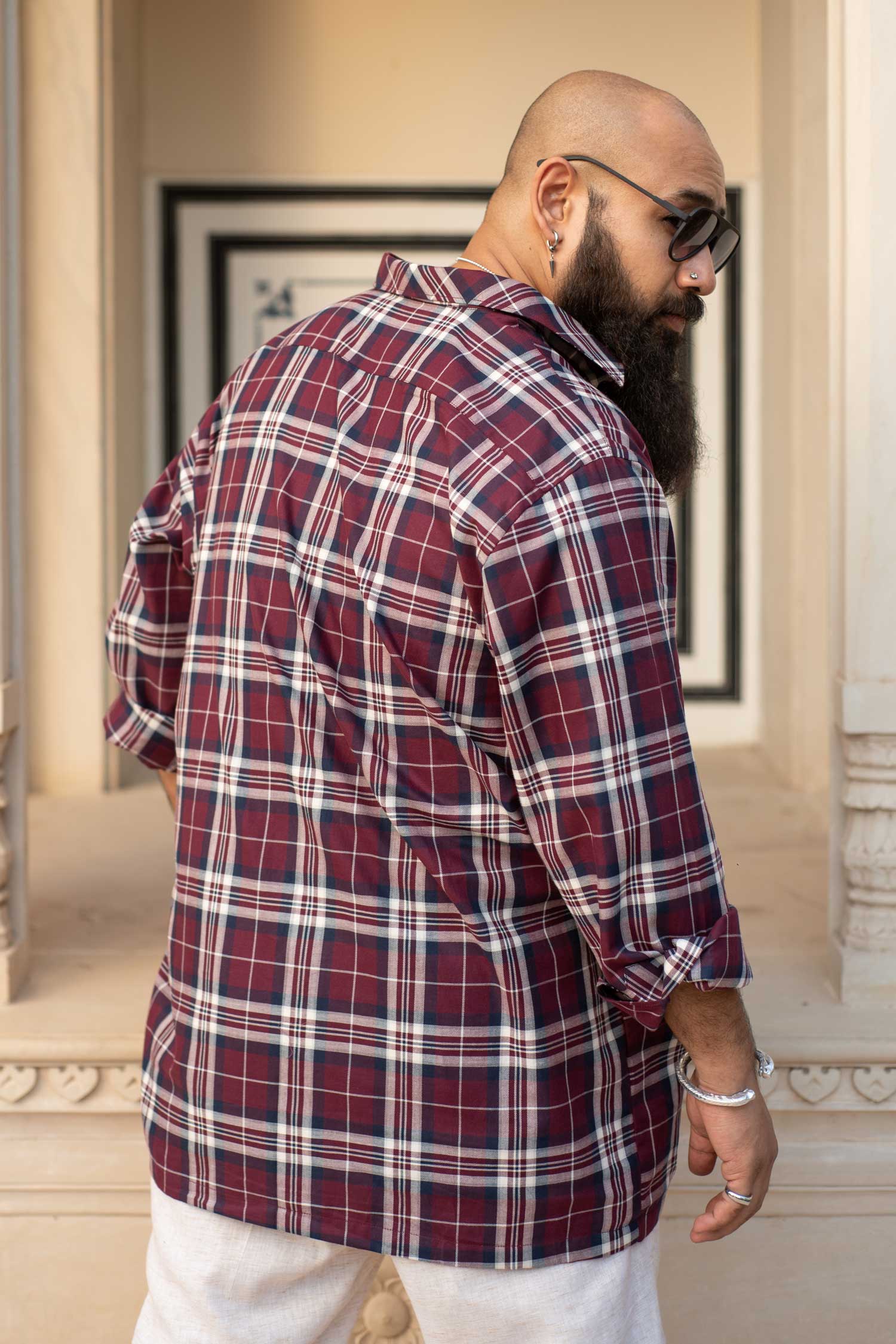 Bordeaux Checkmate- Maroon and Navy Checkered Oversized Overshirt