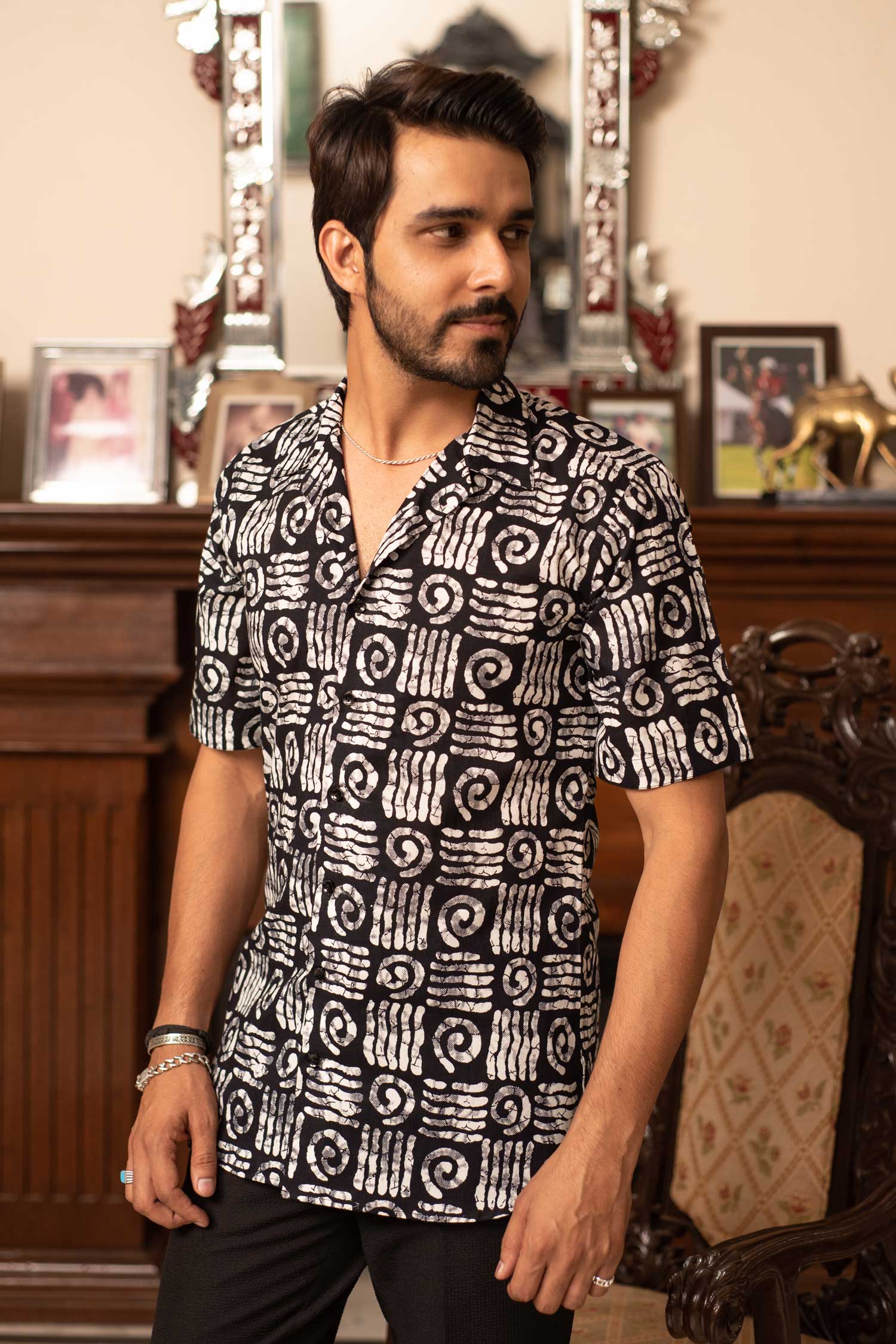 Funky Fizz - Black and White printed Cuban Collar Shirt (Plus Size)