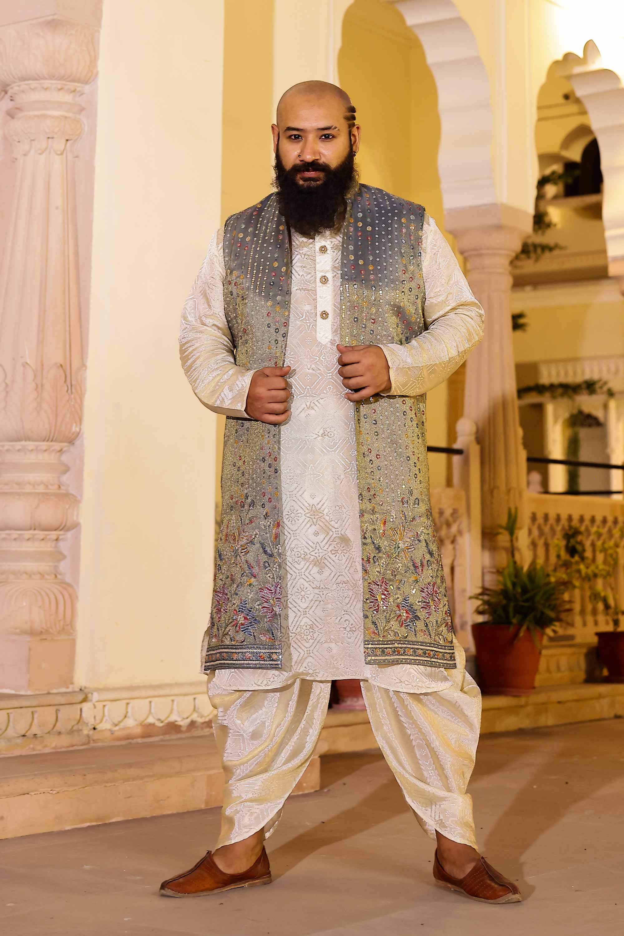 Regal - Off white Jacquard Printed Kurta Jacket Set