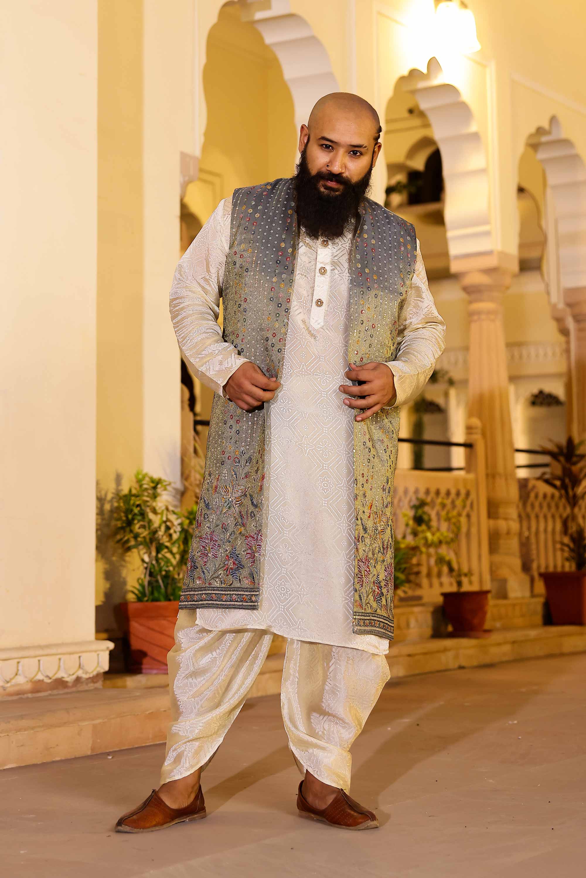 Regal - Off white Jacquard Printed Kurta Jacket Set