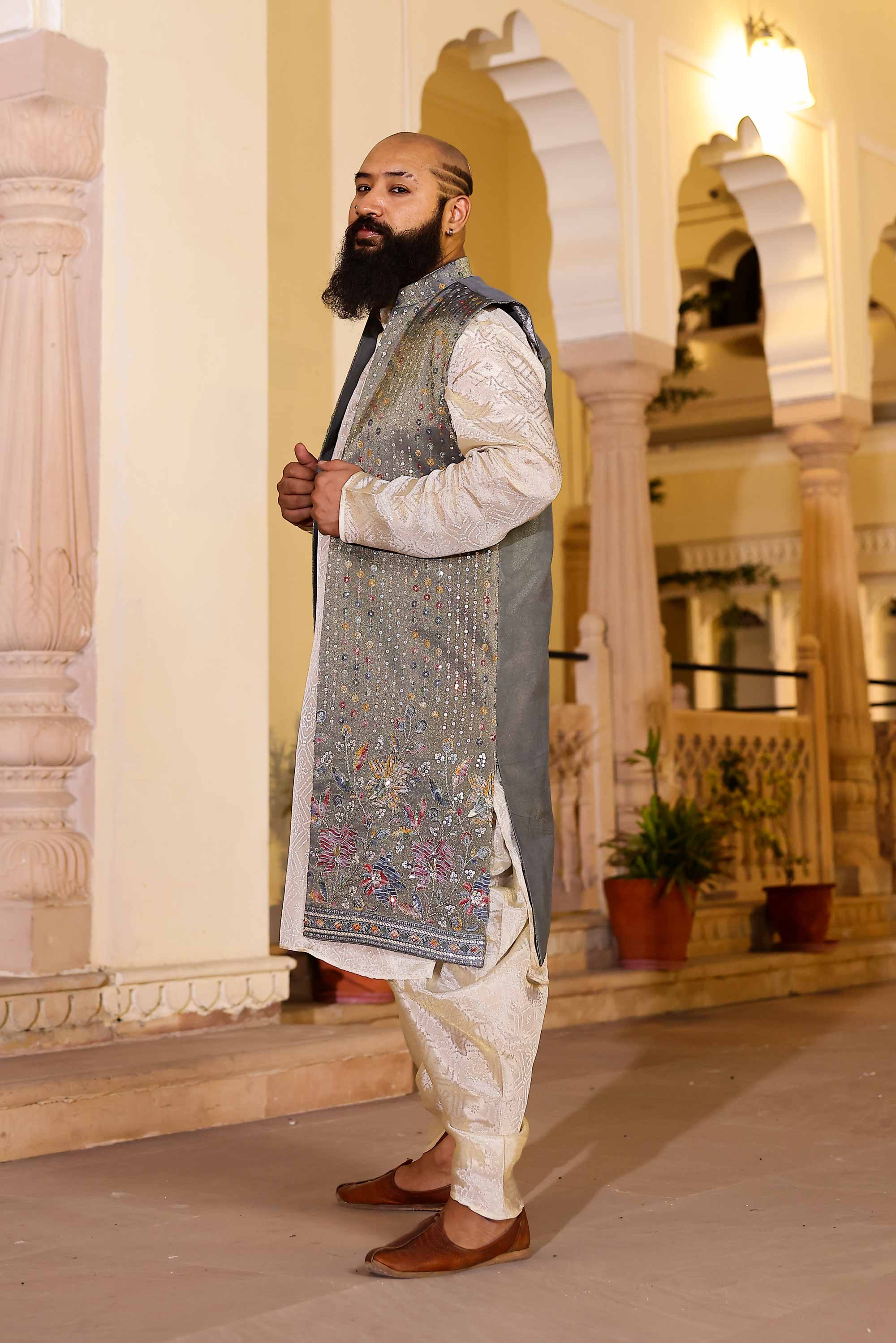 Regal - Off white Jacquard Printed Kurta Jacket Set