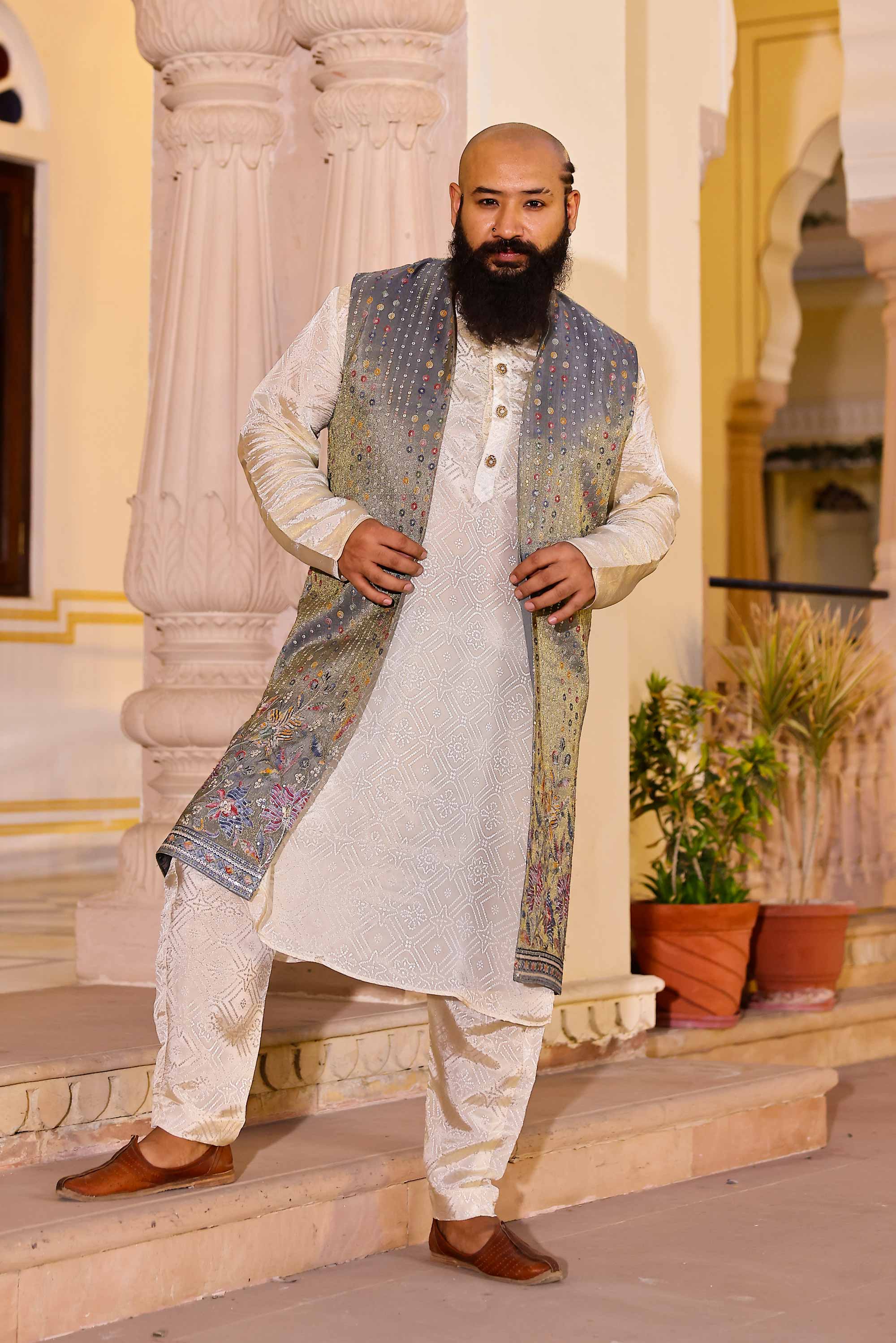 Regal - Off white Jacquard Printed Kurta Jacket Set