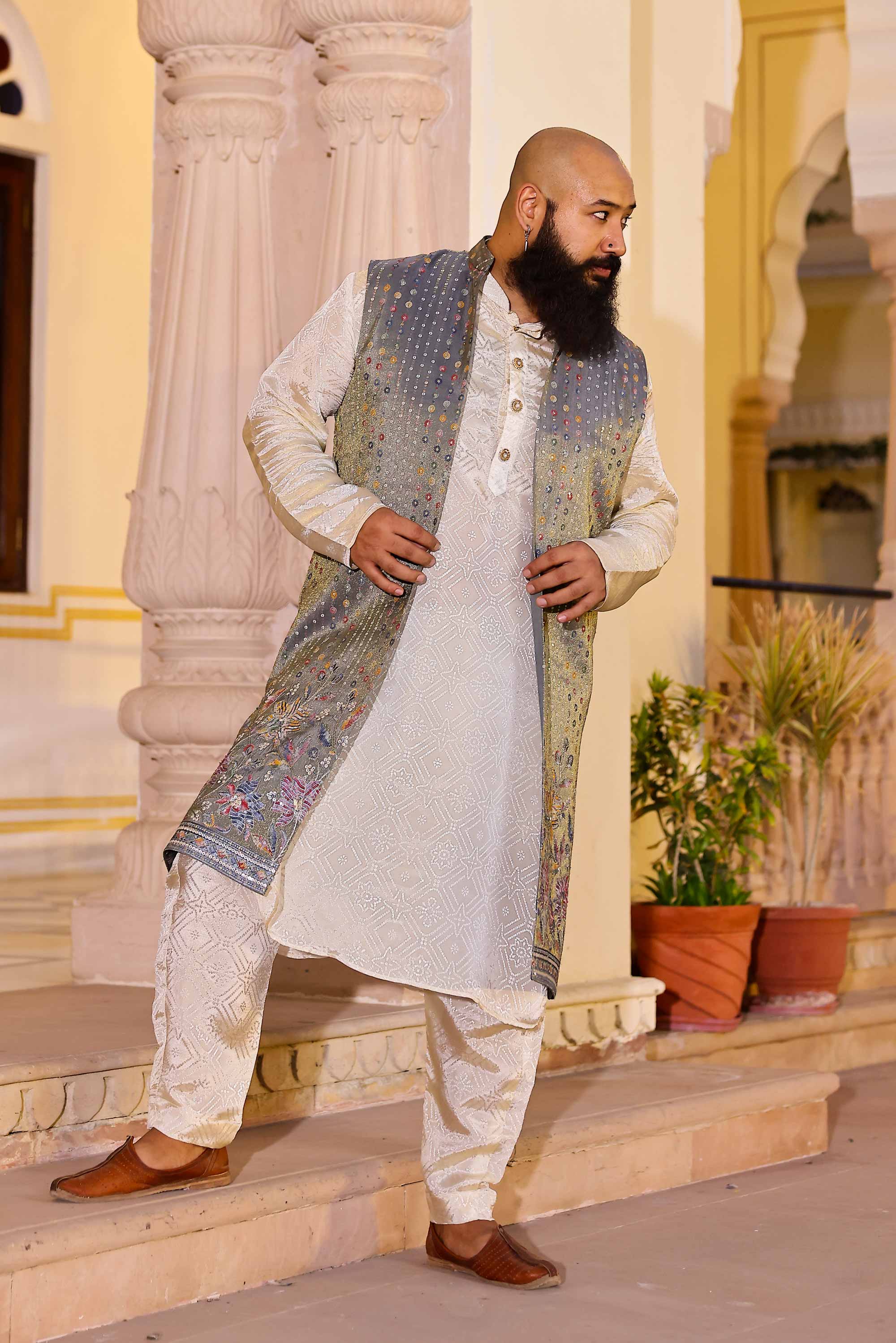 Regal - Off white Jacquard Printed Kurta Jacket Set