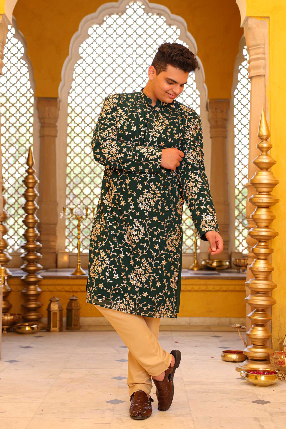 Shimmering Emerald - Green Sequin Embroidered Georgette Kurta