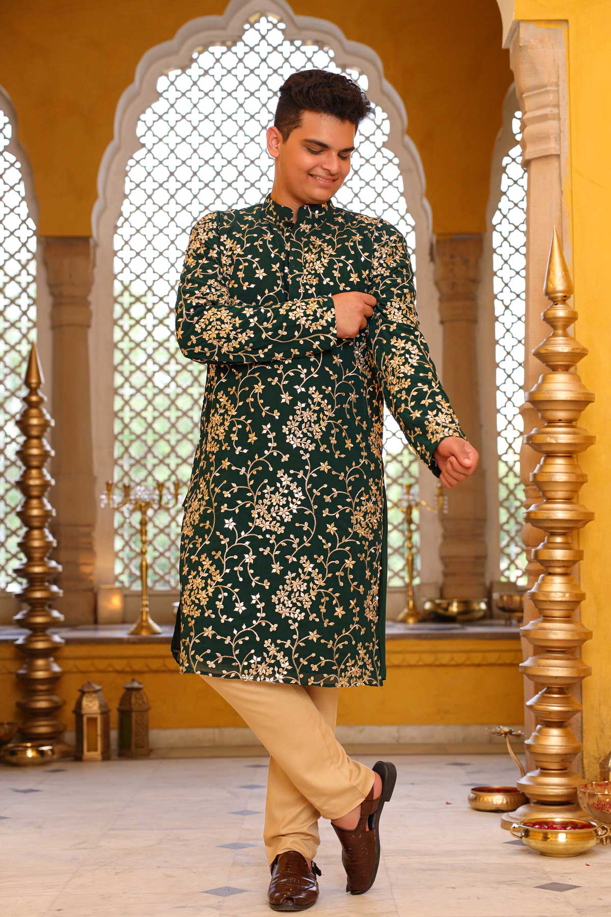 Shimmering Emerald - Green Sequin Embroidered Georgette Kurta