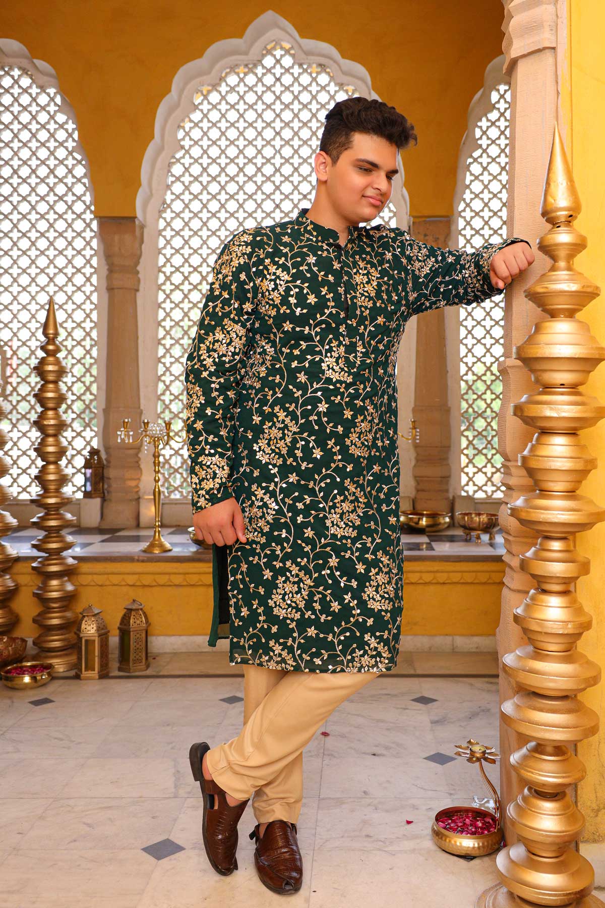 Shimmering Emerald - Green Sequin Embroidered Georgette Kurta