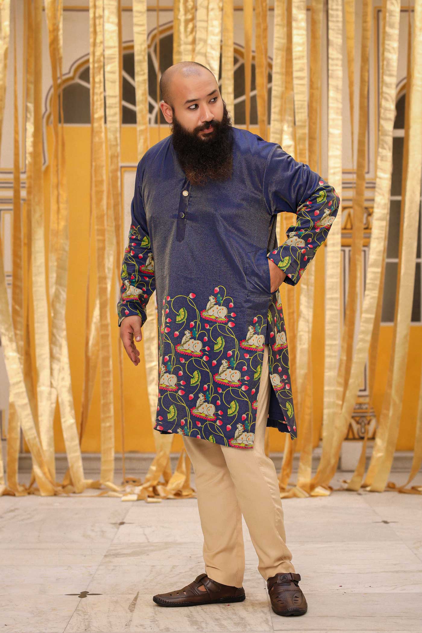 Neel - Blue Pichwai Tissue Silk Printed Kurta