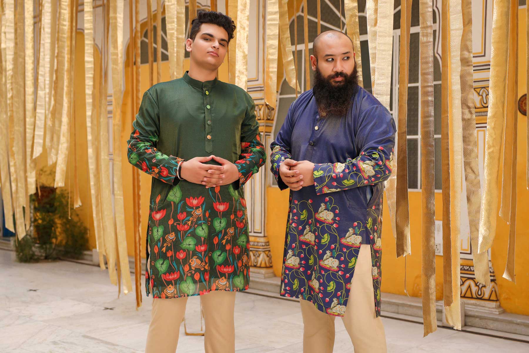 Mukut - Bottle Green Pichwai Tissue Silk Printed Short Kurta