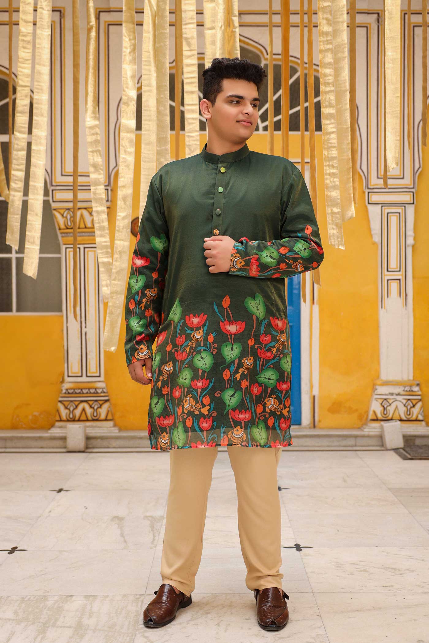 Mukut - Bottle Green Pichwai Tissue Silk Printed Short Kurta