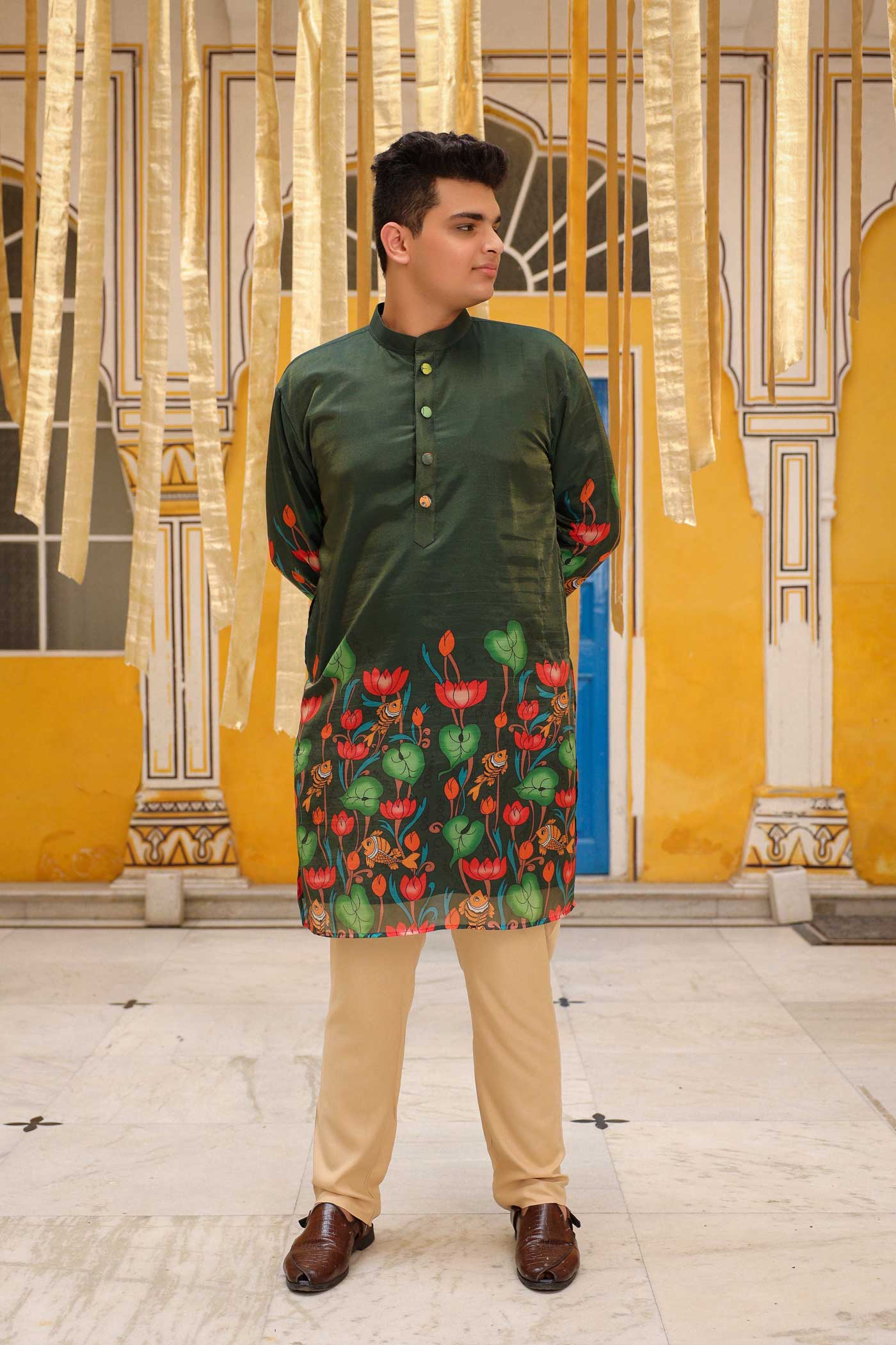 Mukut - Bottle Green Pichwai Tissue Silk Printed Short Kurta