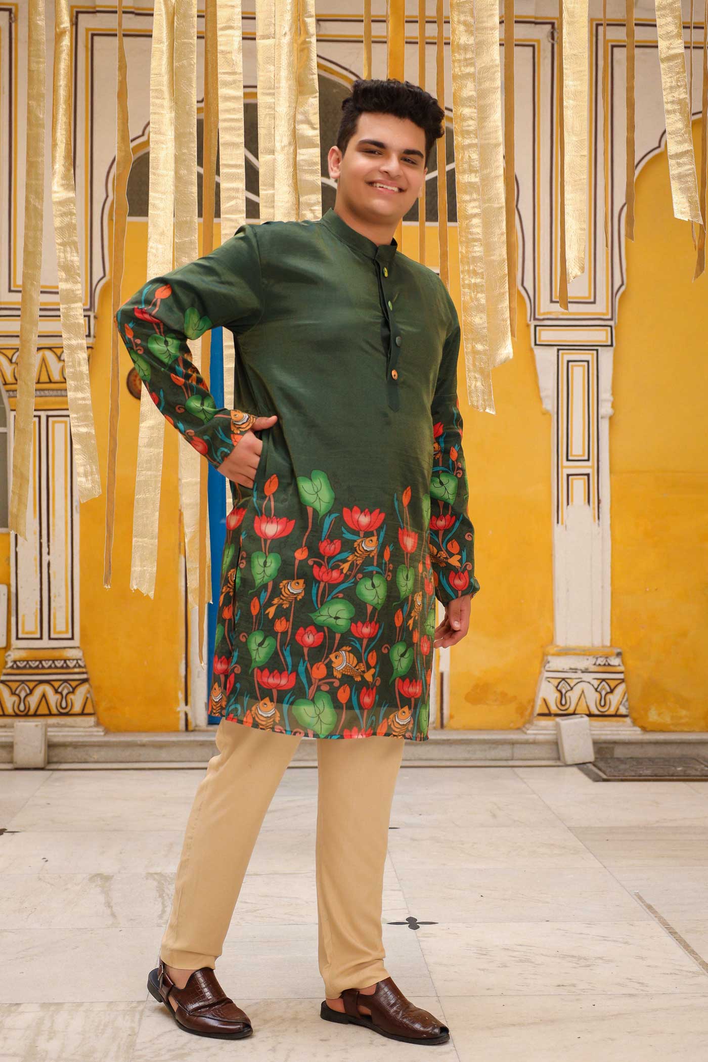 Mukut - Bottle Green Pichwai Tissue Silk Printed Short Kurta