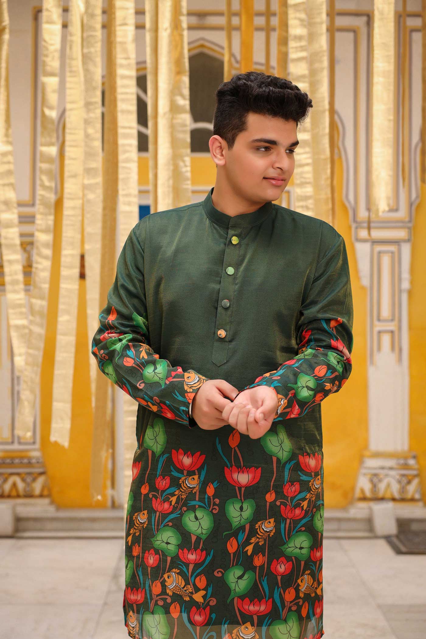 Mukut - Bottle Green Pichwai Tissue Silk Printed Short Kurta