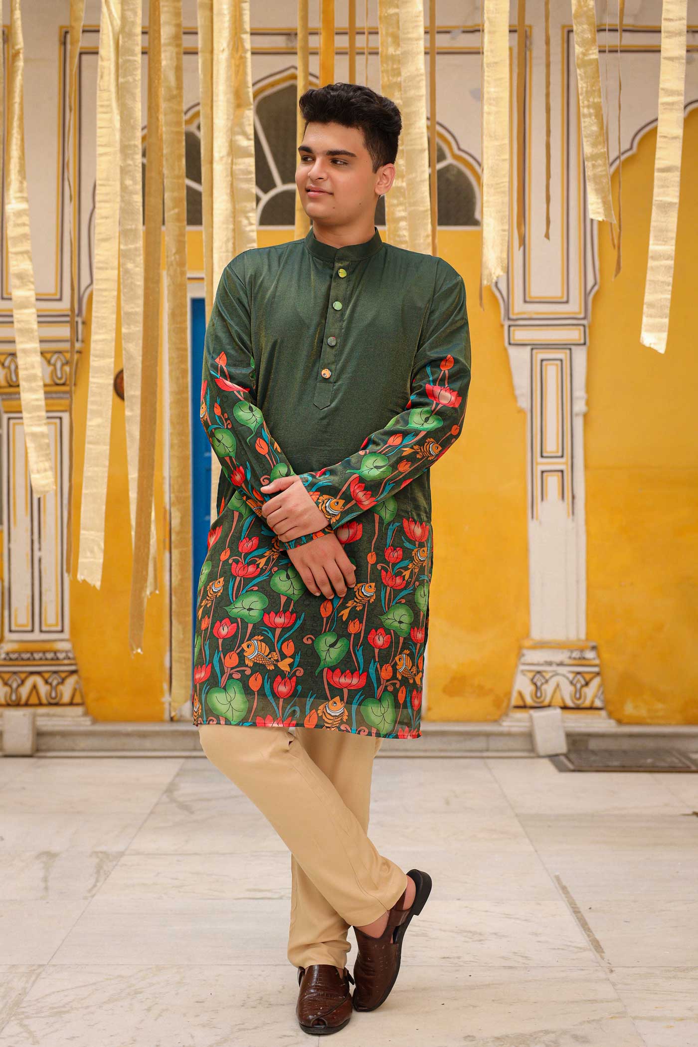 Mukut - Bottle Green Pichwai Tissue Silk Printed Short Kurta