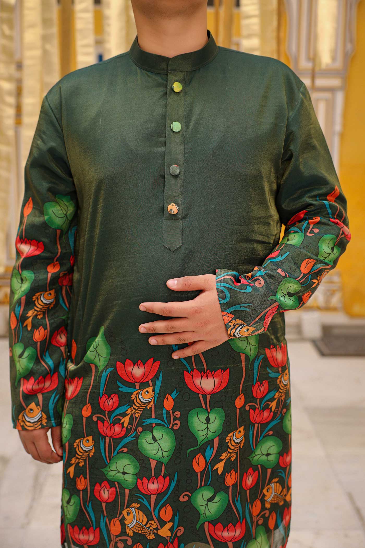 Mukut - Bottle Green Pichwai Tissue Silk Printed Short Kurta