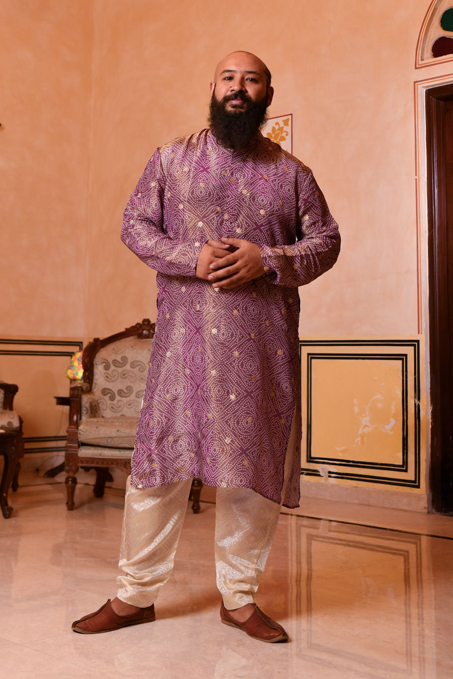 Regal Purple - Purple Bandhani Pure Tissue Silk Kurta Set