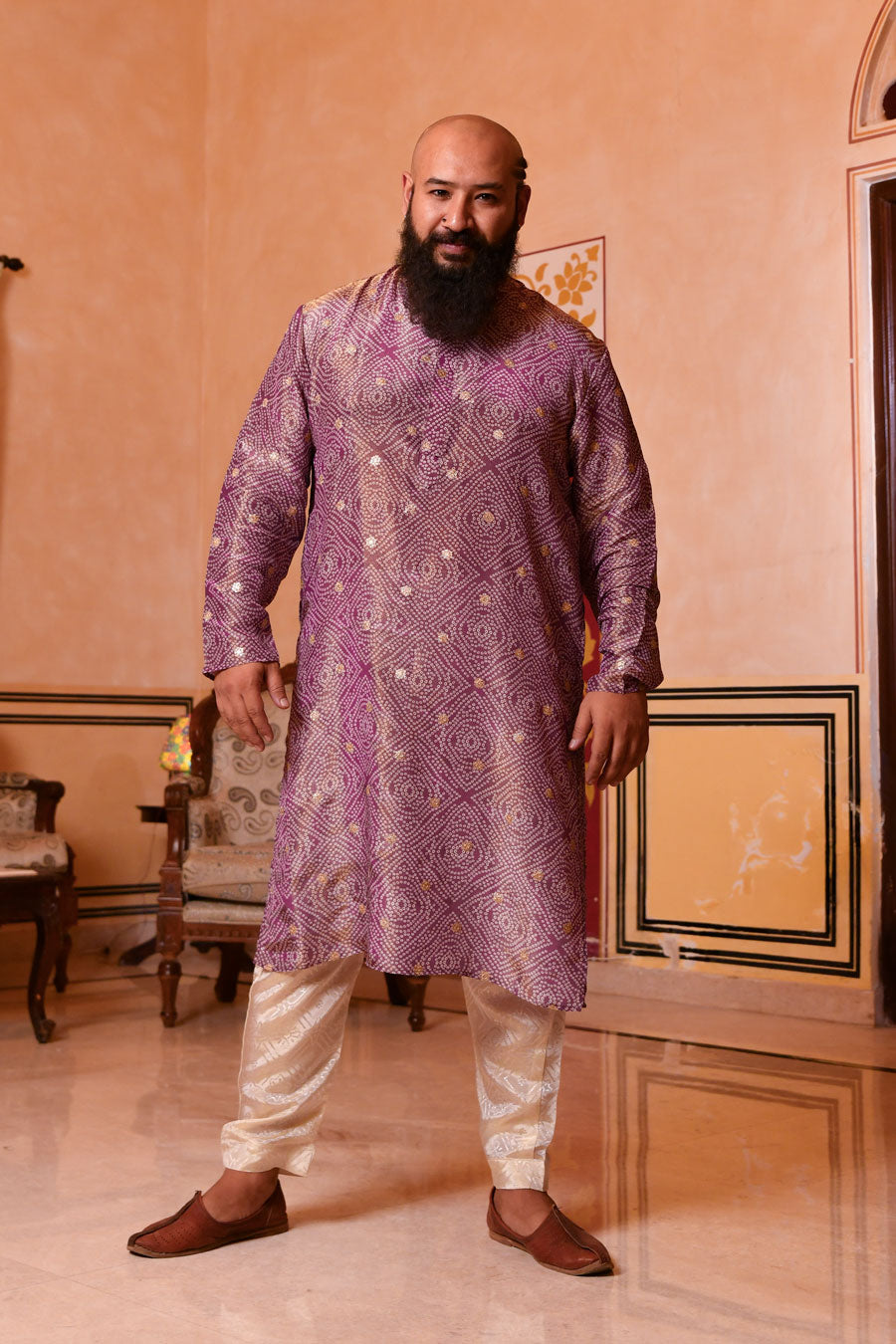 Regal Purple - Purple Bandhani Pure Tissue Silk Kurta Set