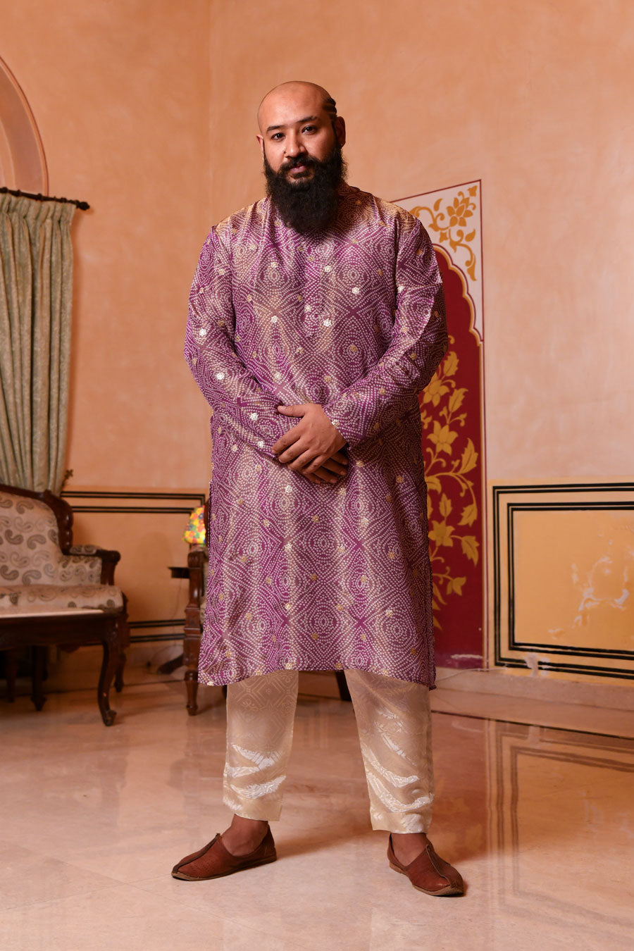 Regal Purple - Purple Bandhani Pure Tissue Silk Kurta Set