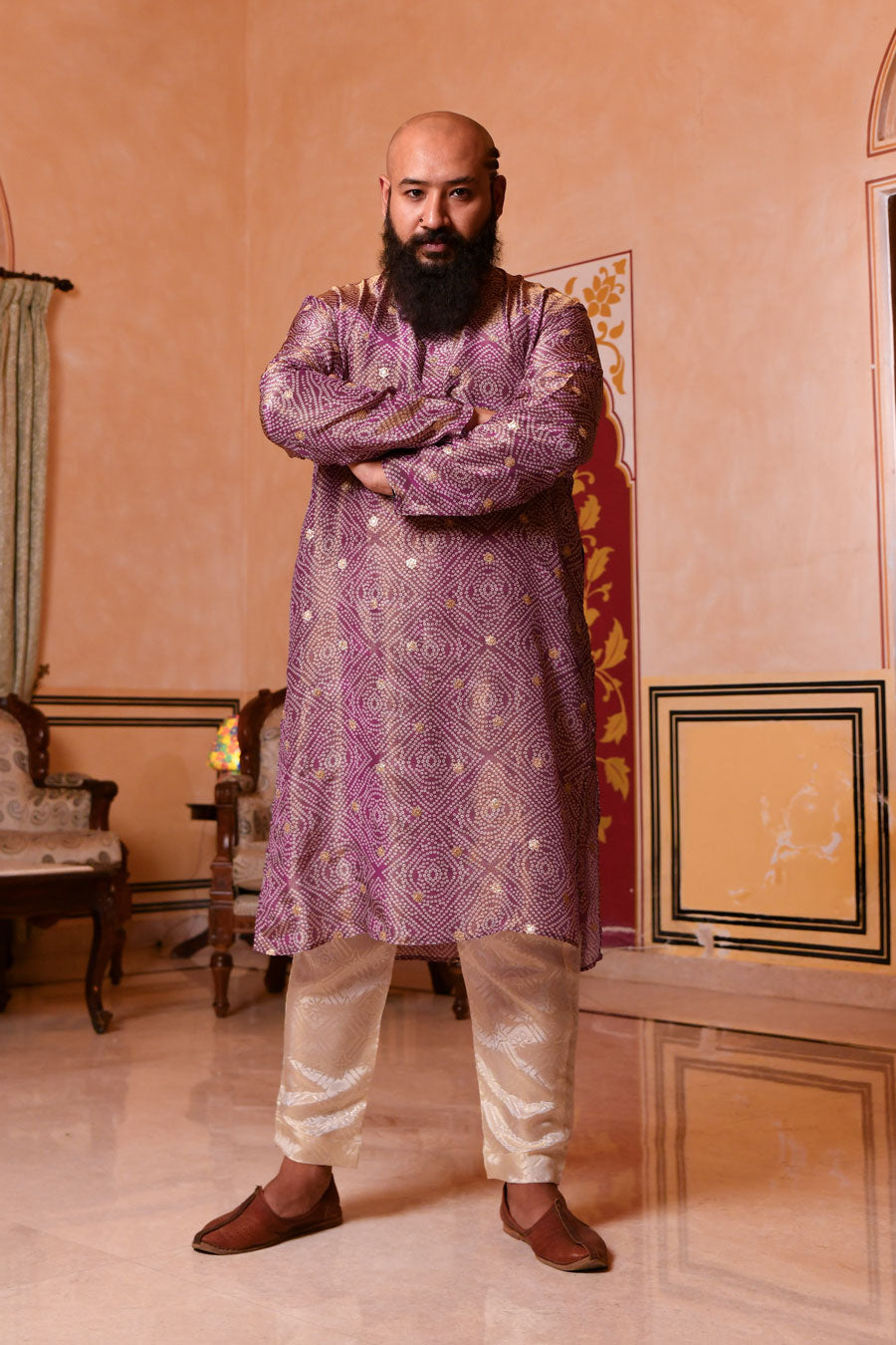 Regal Purple - Purple Bandhani Pure Tissue Silk Kurta Set