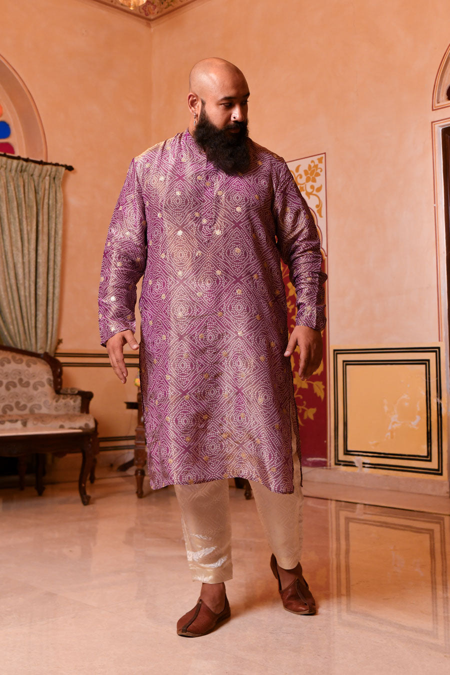 Regal Purple - Purple Bandhani Pure Tissue Silk Kurta Set