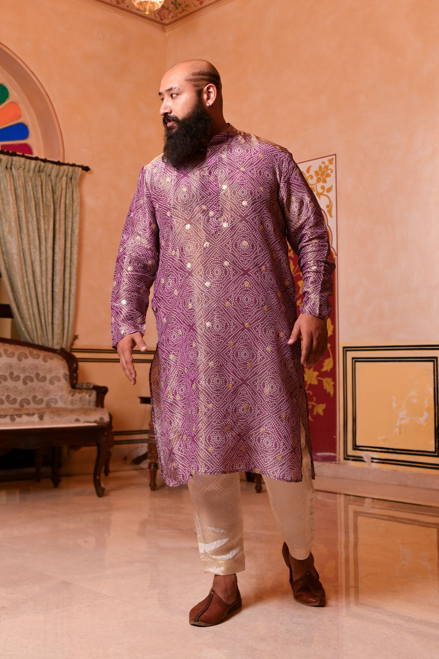 Regal Purple - Purple Bandhani Pure Tissue Silk Kurta Set