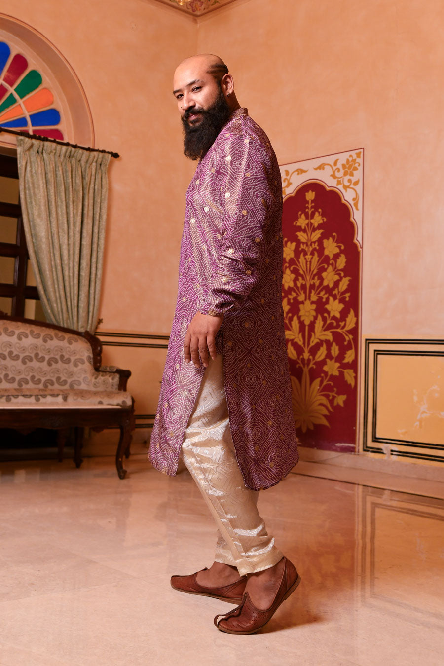 Regal Purple - Purple Bandhani Pure Tissue Silk Kurta Set