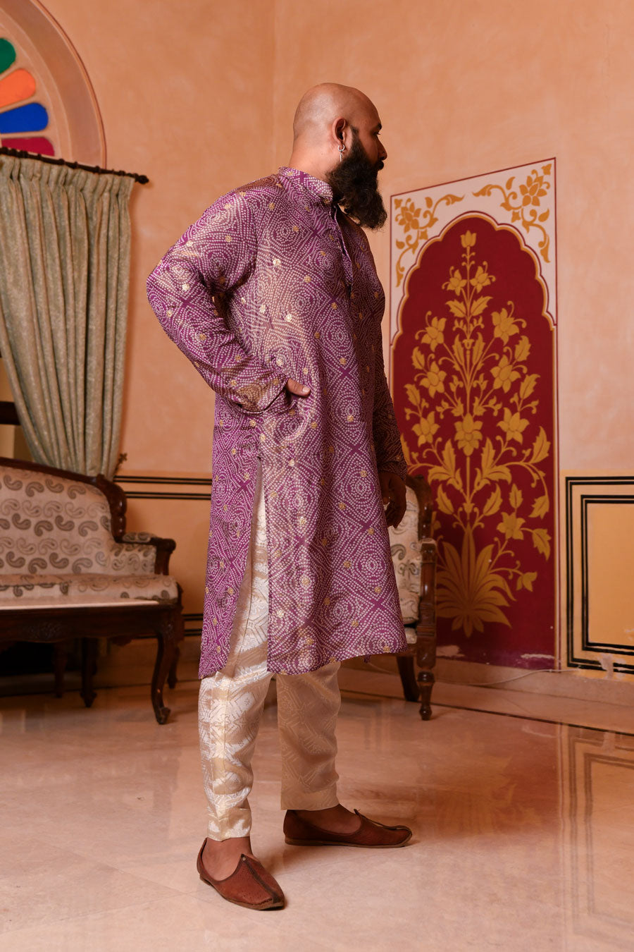 Regal Purple - Purple Bandhani Pure Tissue Silk Kurta Set