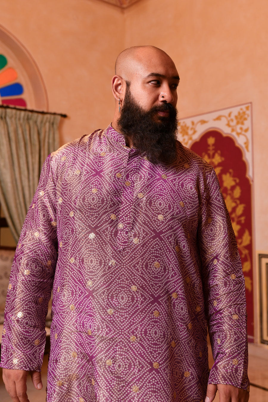 Regal Purple - Purple Bandhani Pure Tissue Silk Kurta Set