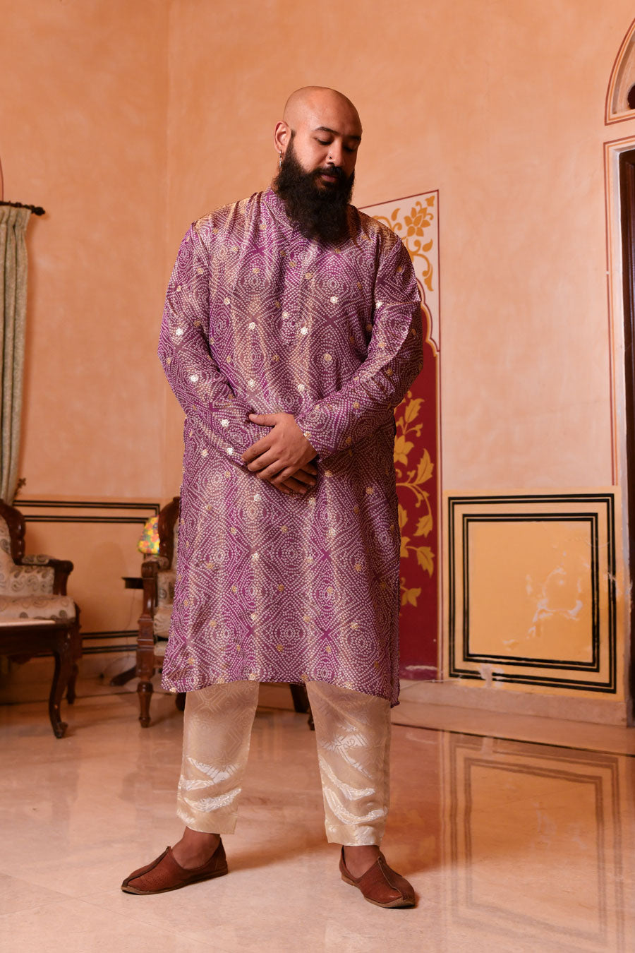 Regal Purple - Purple Bandhani Pure Tissue Silk Kurta Set