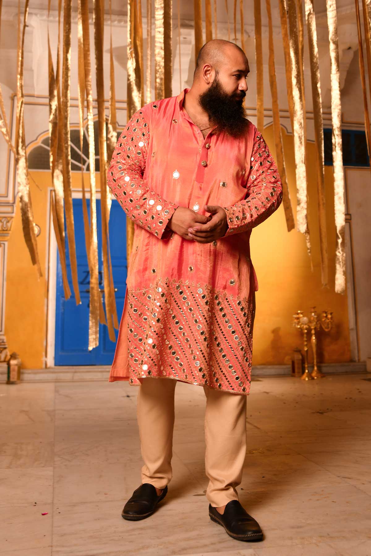 Ember - Peach Mirror Embroidered Tissue Silk Kurta