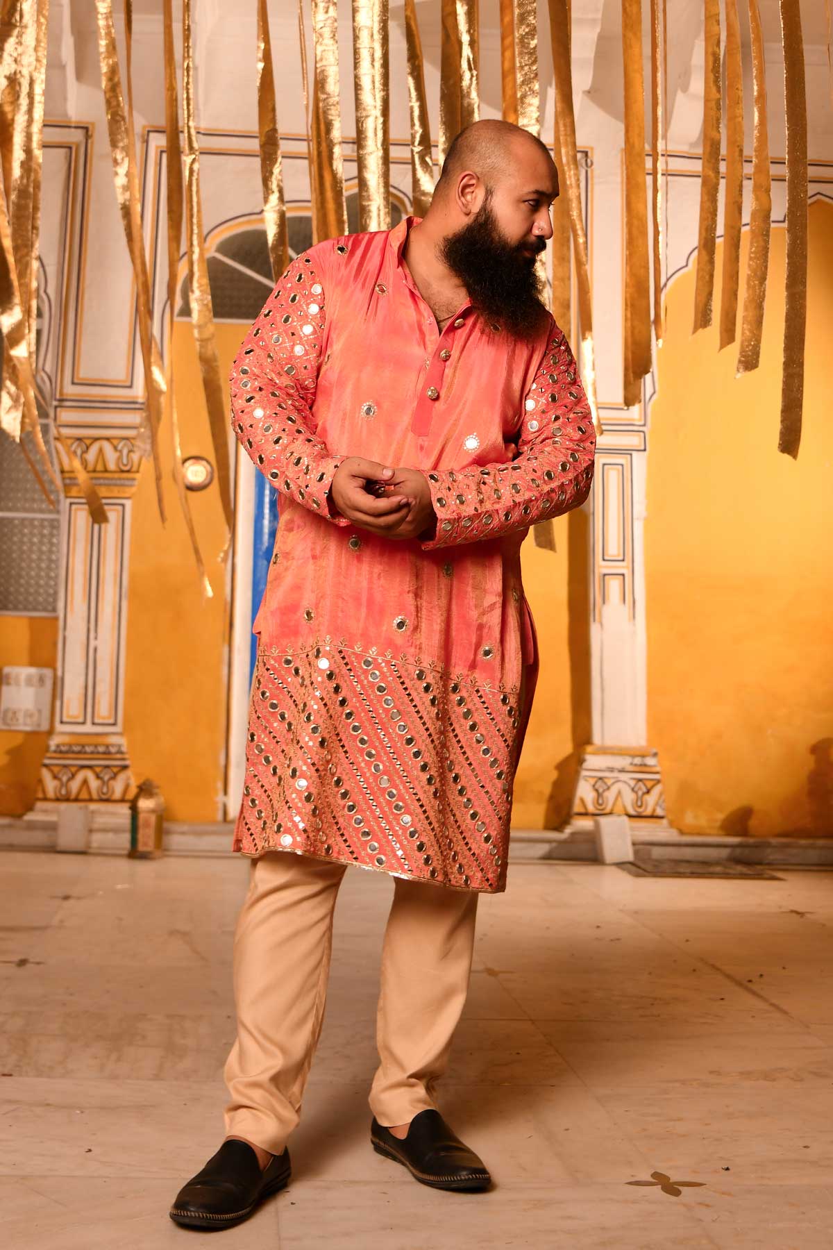 Ember - Peach Mirror Embroidered Tissue Silk Kurta