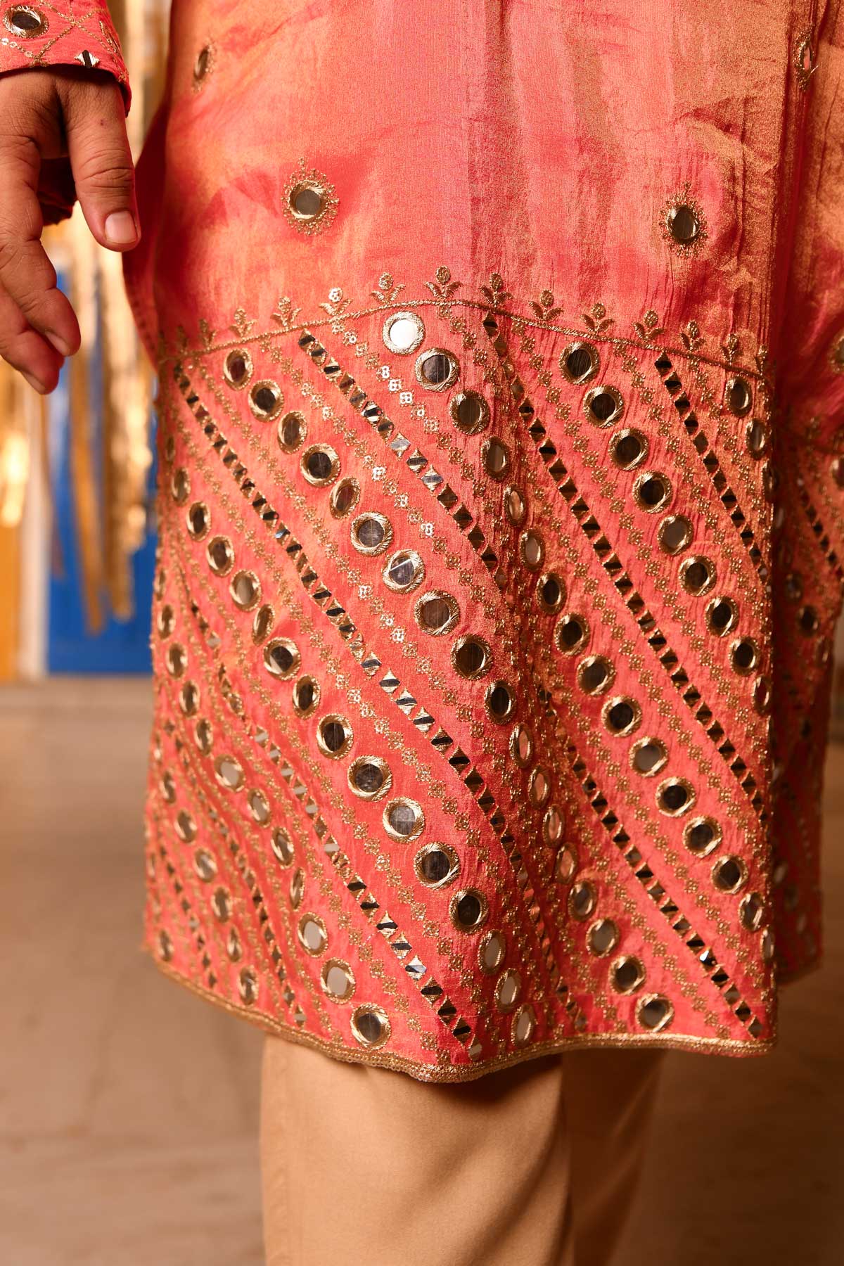 Ember - Peach Mirror Embroidered Tissue Silk Kurta